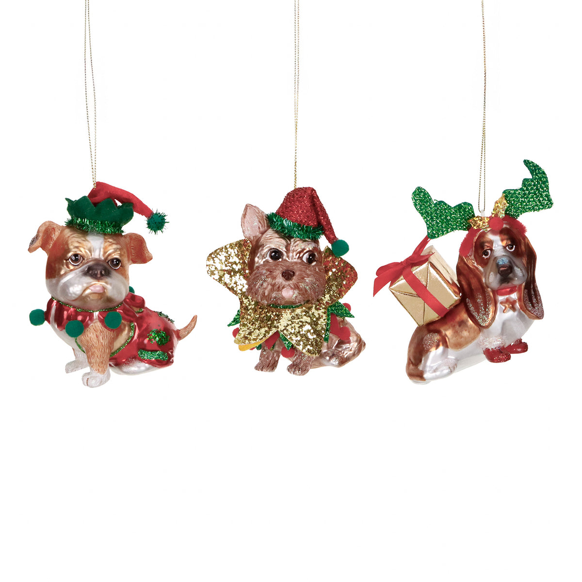 Set 3 ornamente câini de Crăciun din sticlă, maro/roșu/verde, 12,5 cm