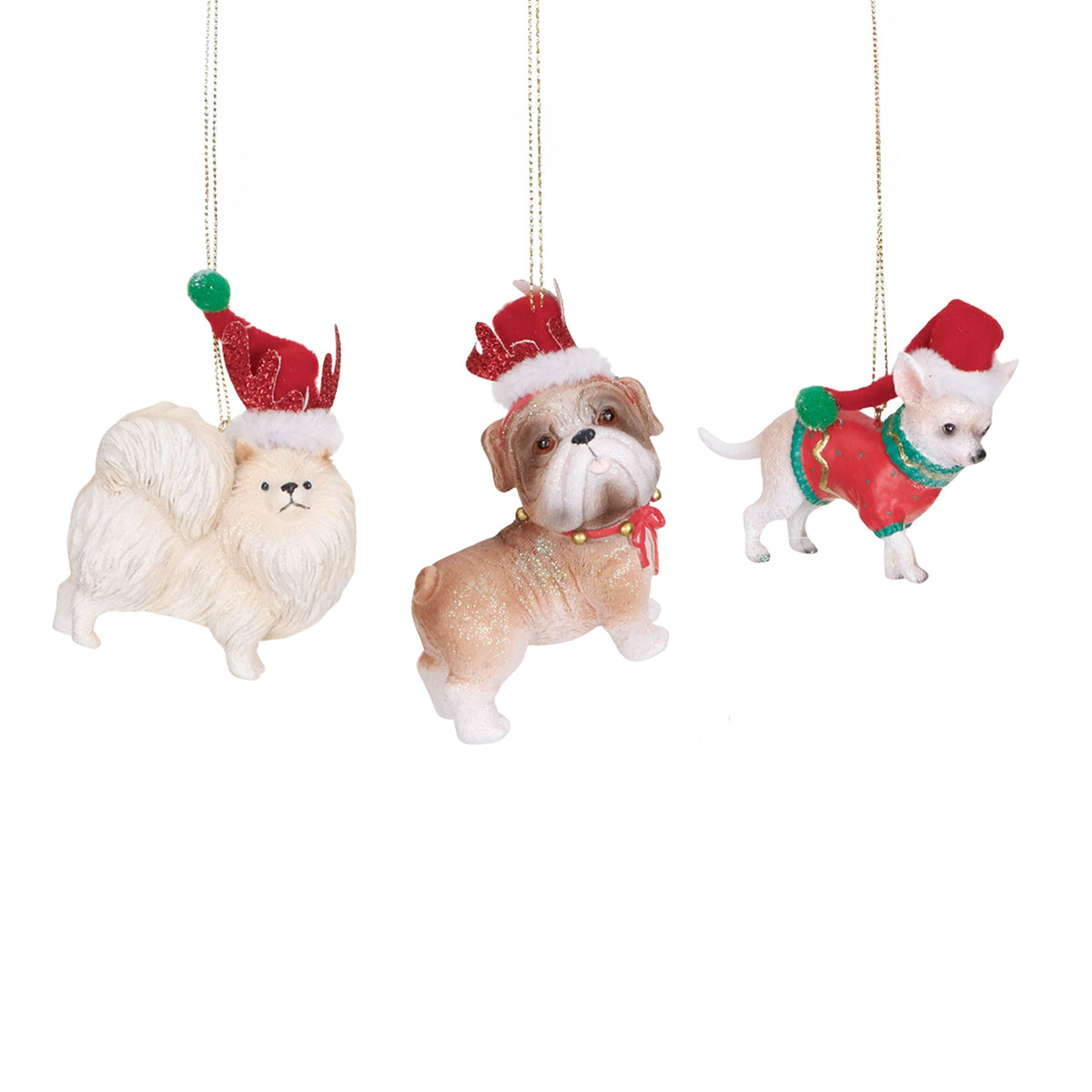 Set 3 ornamente câini de Crăciun, maro/crem/roșu, 10 cm (TR 18008)