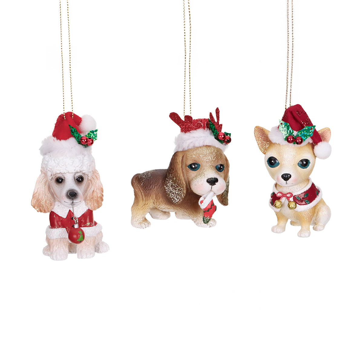 Set 3 ornamente câini de Crăciun, maro/crem/roșu, 10 cm (TR 18010)