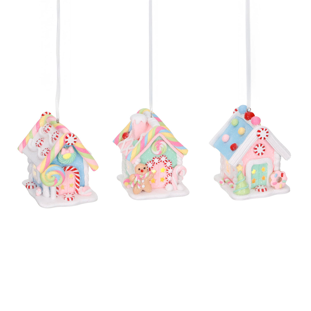 Set 3 ornamente căsuțe din turtă dulce, din lut, cu LED, roz, 7 cm