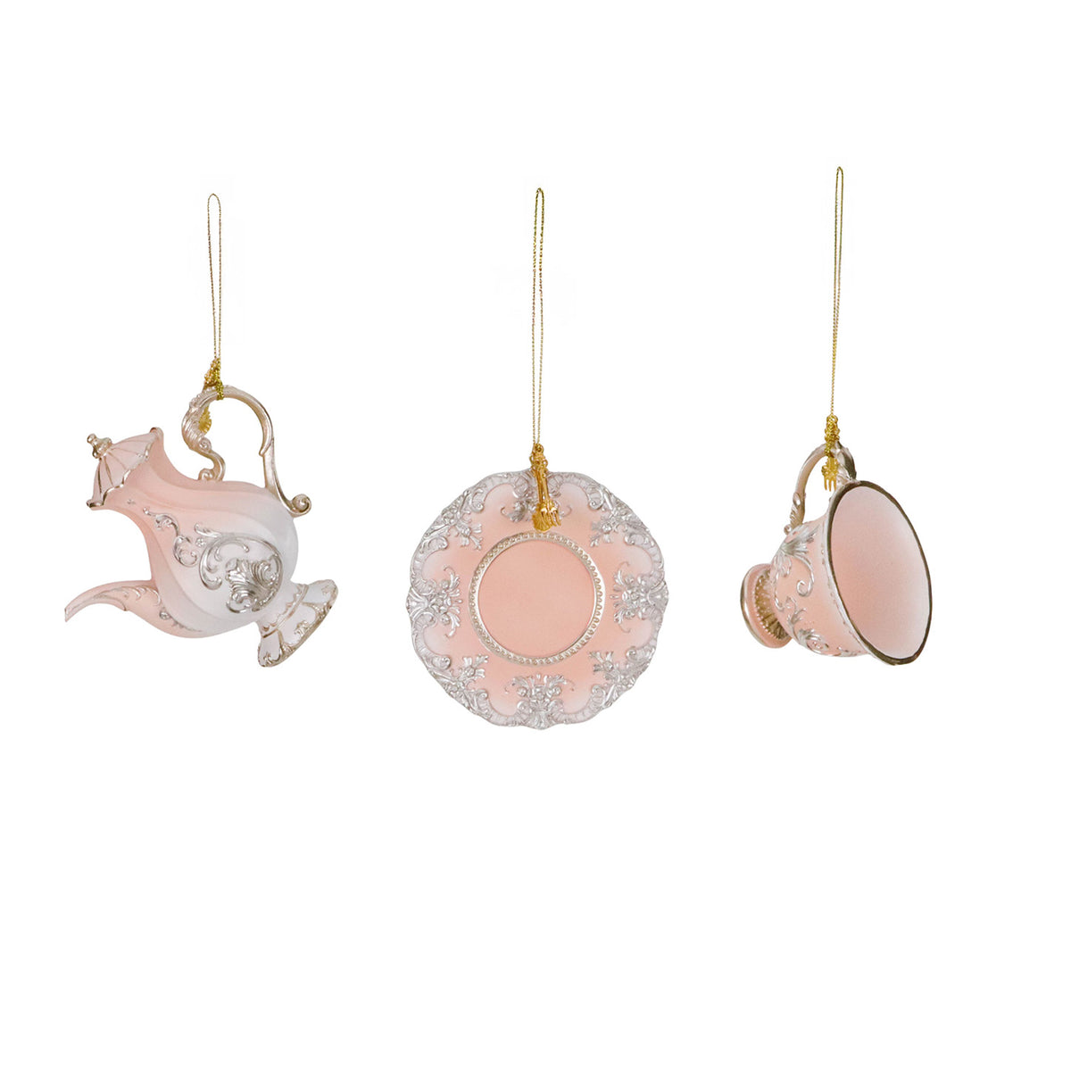 Set 3 ornamente ceainic și ceașcă elegante, roz/crem, 11 cm