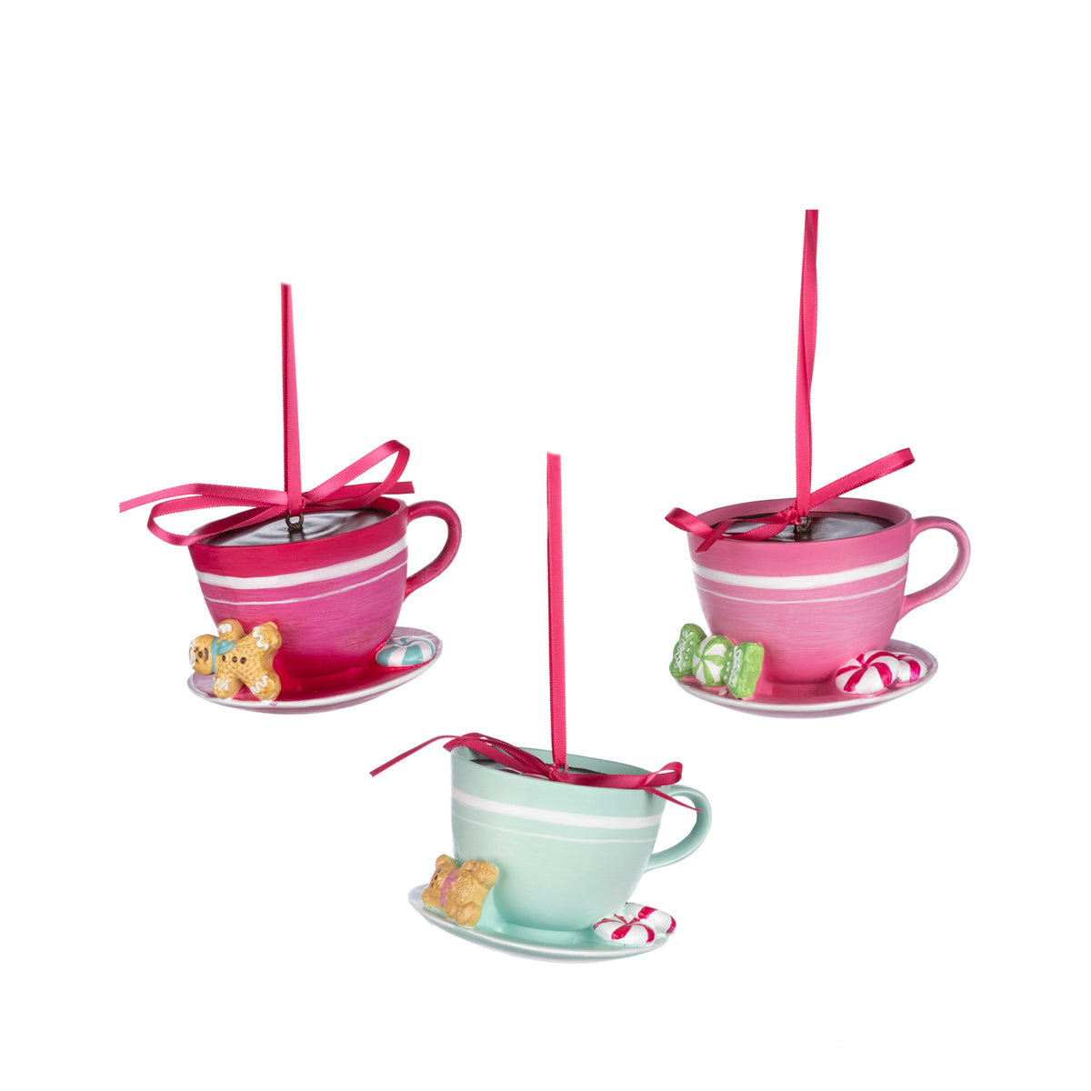 Set 3 ornamente cești de cafea cu farfurioare în stil bomboană, roz/verde, 11 cm