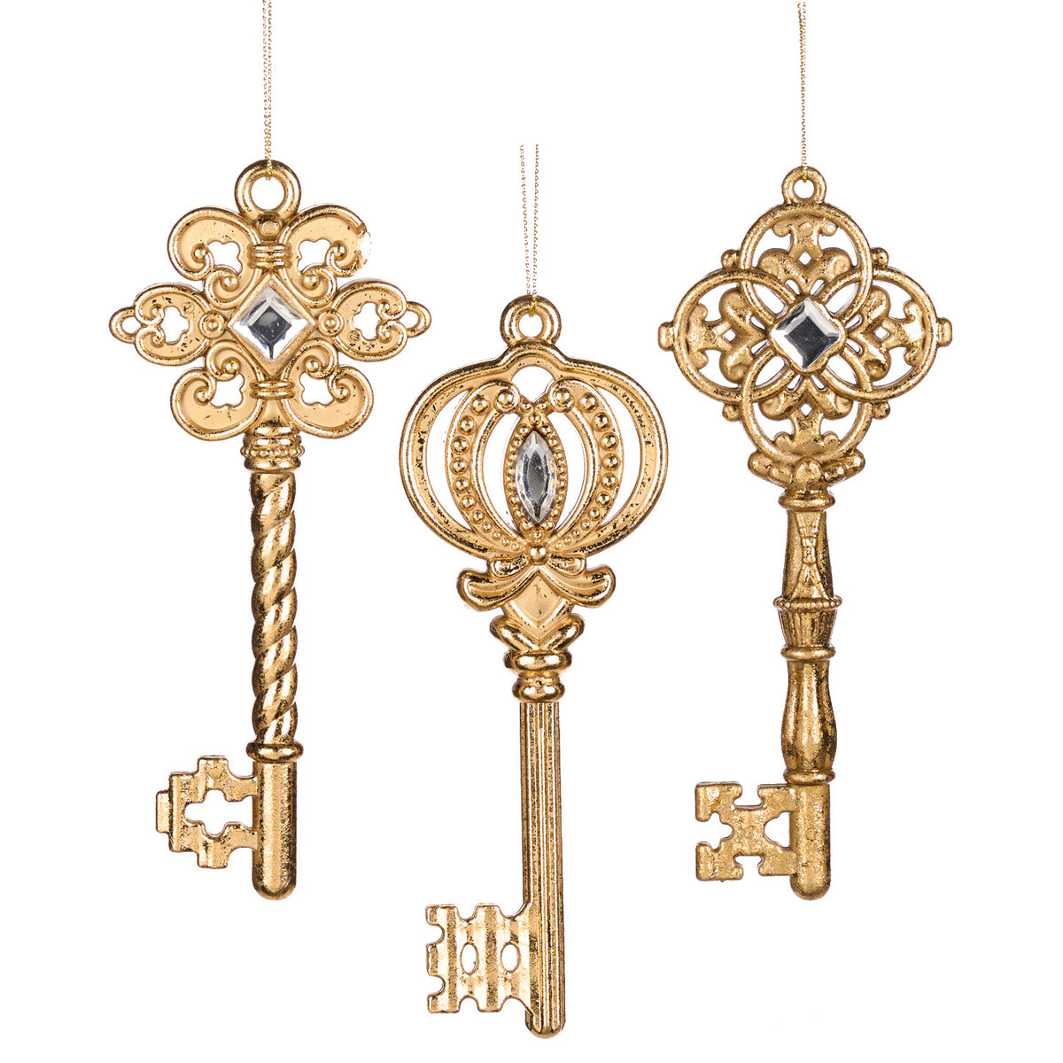 Set 3 ornamente chei cu pietre, auriu, 16,5 cm