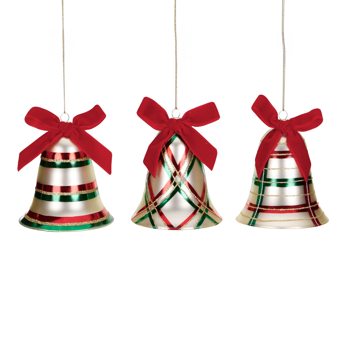 Set 3 ornamente clopoței din sticlă cu fundă, în carouri tartan, șampanie/roșu, 11,5 cm