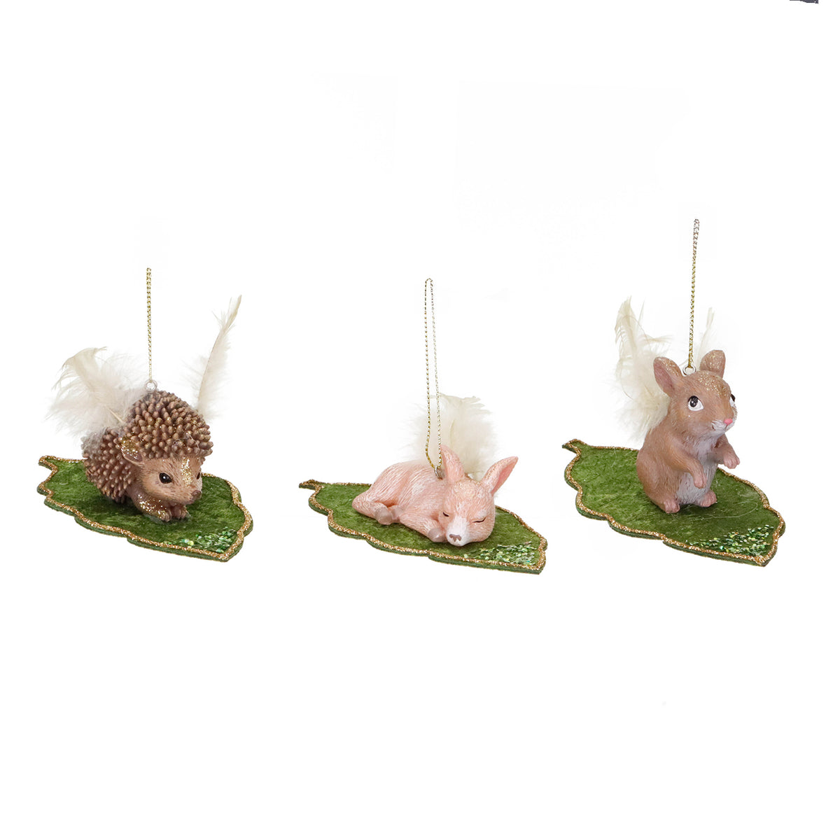 Set 3 ornamente cu animăluțe-zâne pe frunză, verde/maro, 14 cm