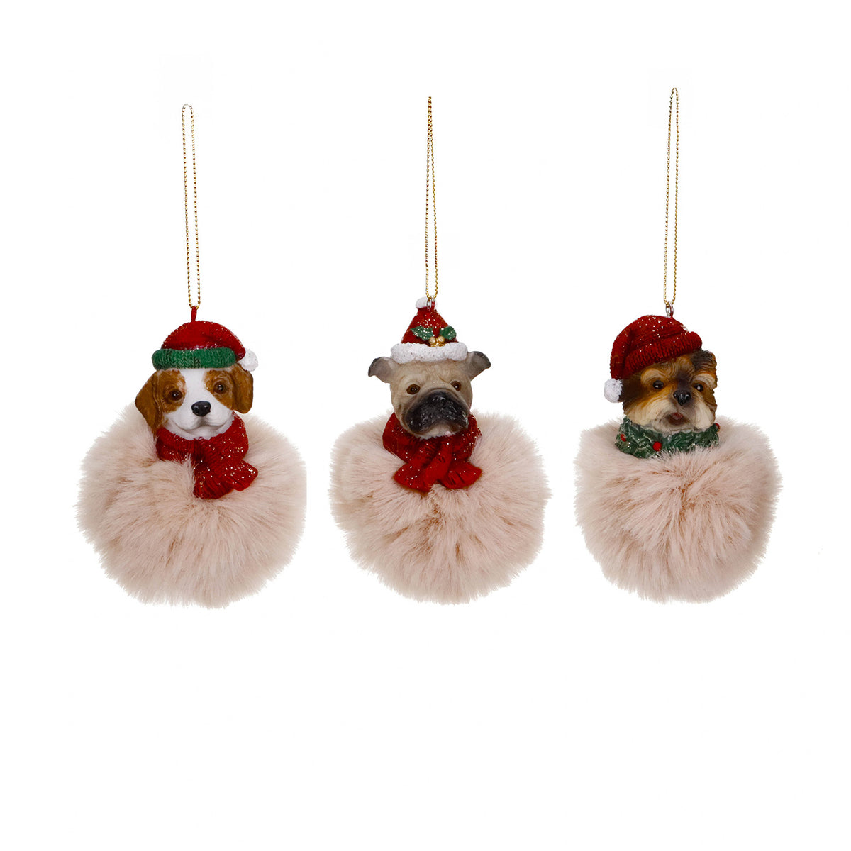 Set 3 ornamente cu cap de câine din blăniță pe glob, roșu/crem, 10 cm