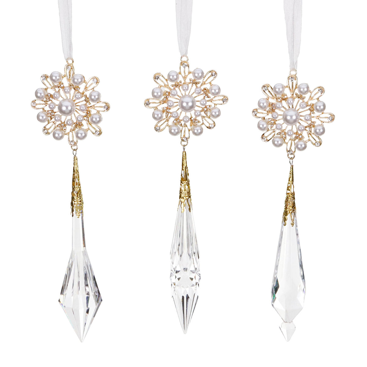 Set 3 ornamente din metal cu flori din perle și pandantive, auriu/transparent, 18 cm