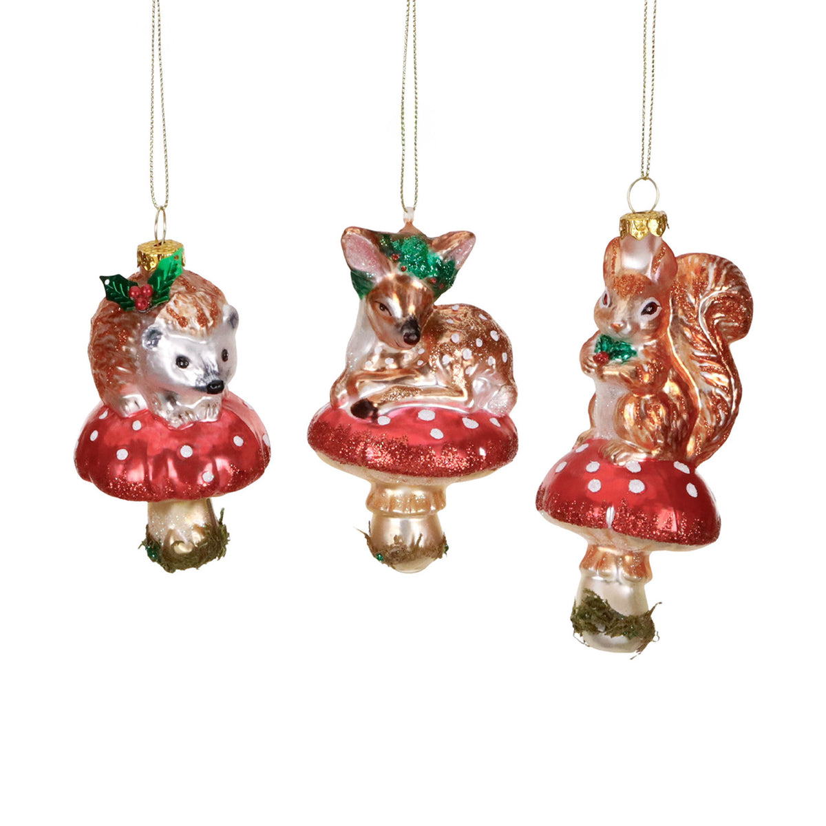 Set 3 ornamente din sticlă cu animăluțe de pădure pe ciupercă, roșu, 12,5 cm