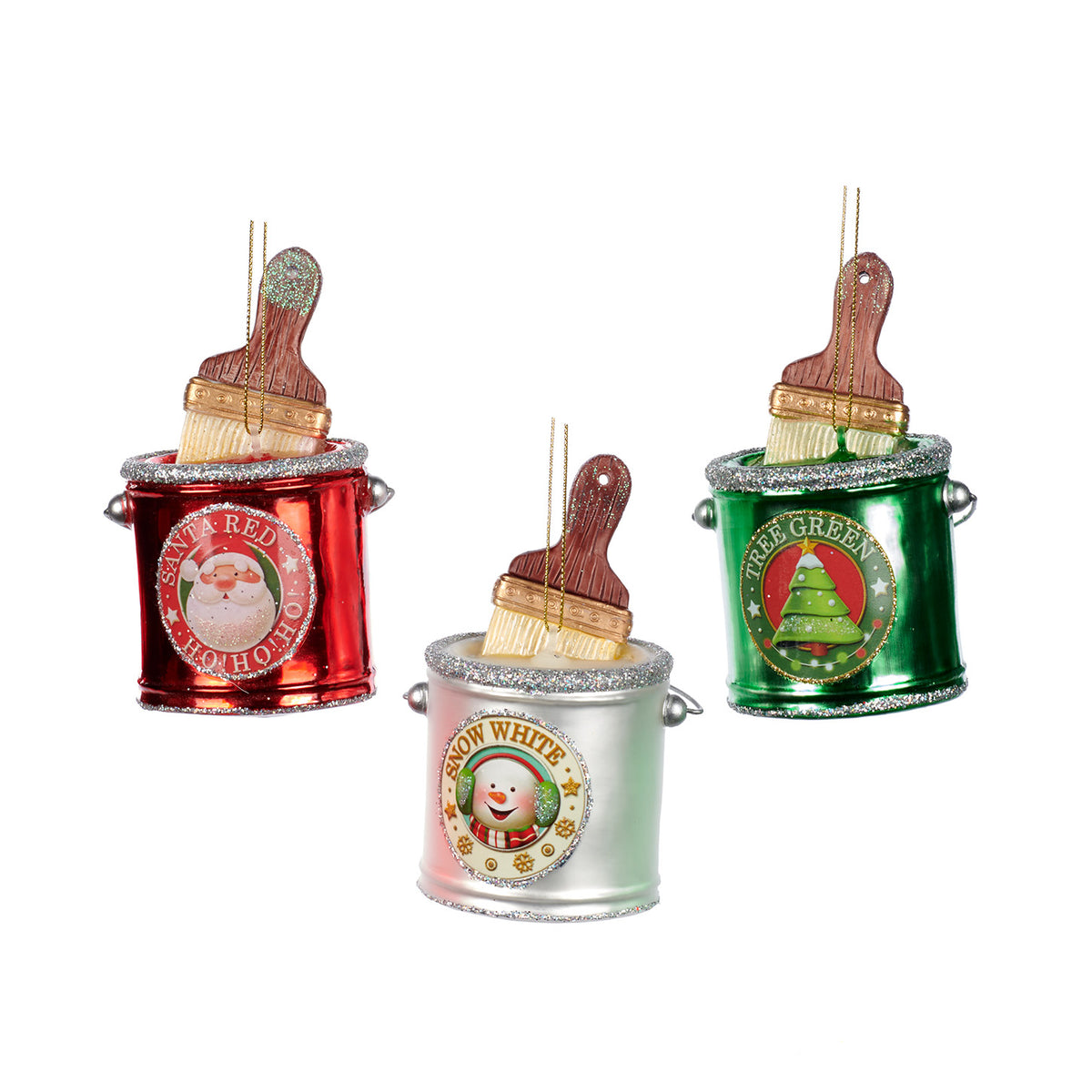 Set 3 ornamente din sticlă cu găleată de vopsea și pensulă de Crăciun, roșu/verde, 11 cm