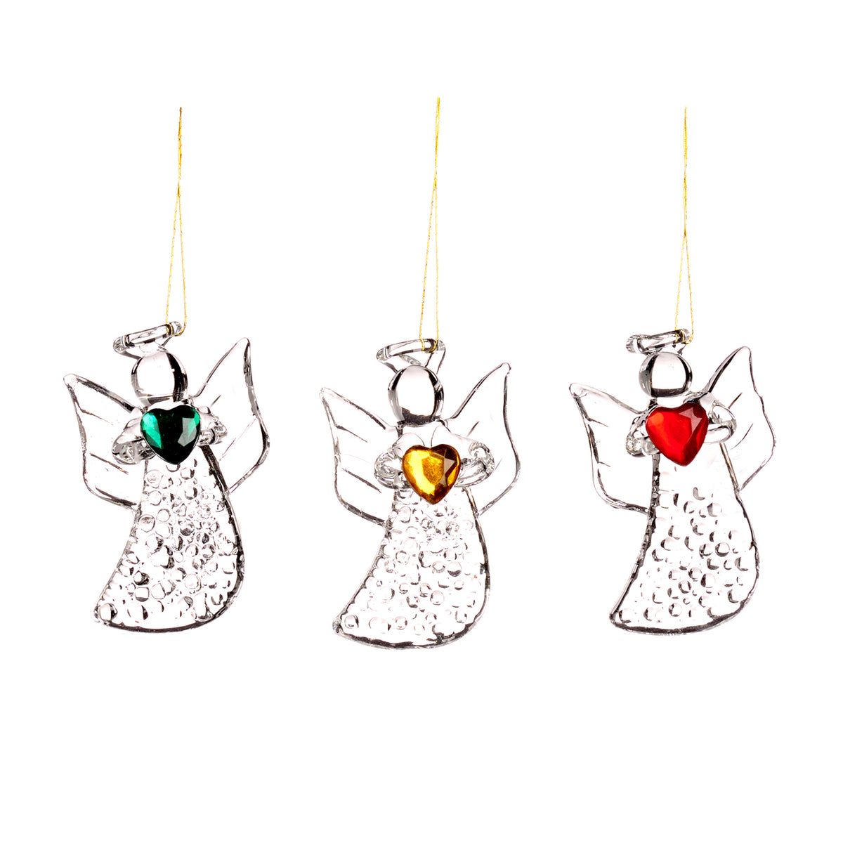 Set 3 ornamente din sticlă cu îngeraș, inimă și pietre, transparent/roșu/verde, 4,5 cm