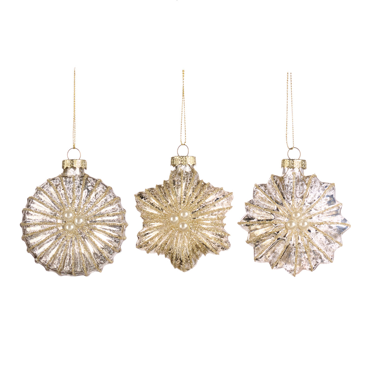Set 3 ornamente din sticlă cu perle în formă de explozie stelară, șampanie, 8 cm