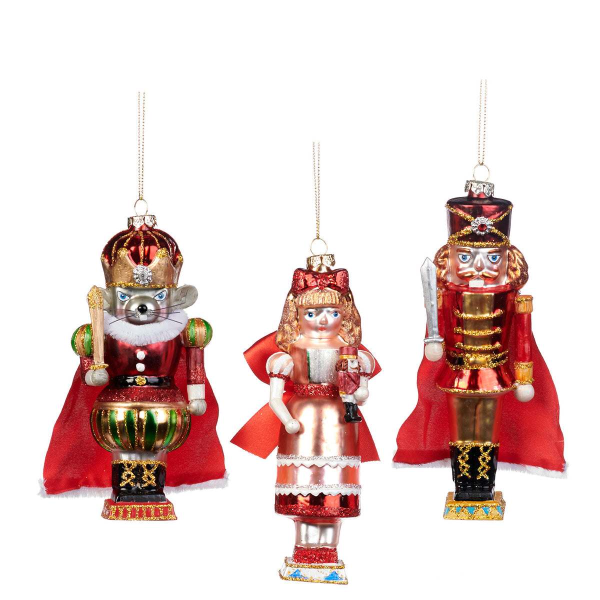 Set 3 ornamente din sticlă și textil, inspirate din Spărgătorul de nuci, roșu, 16,5 cm