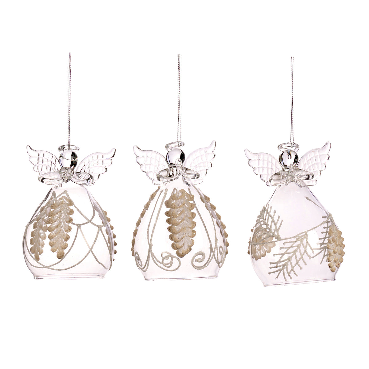 Set 3 ornamente îngeri din sticlă 3D cu con de brad, transparent/alb, 12 cm