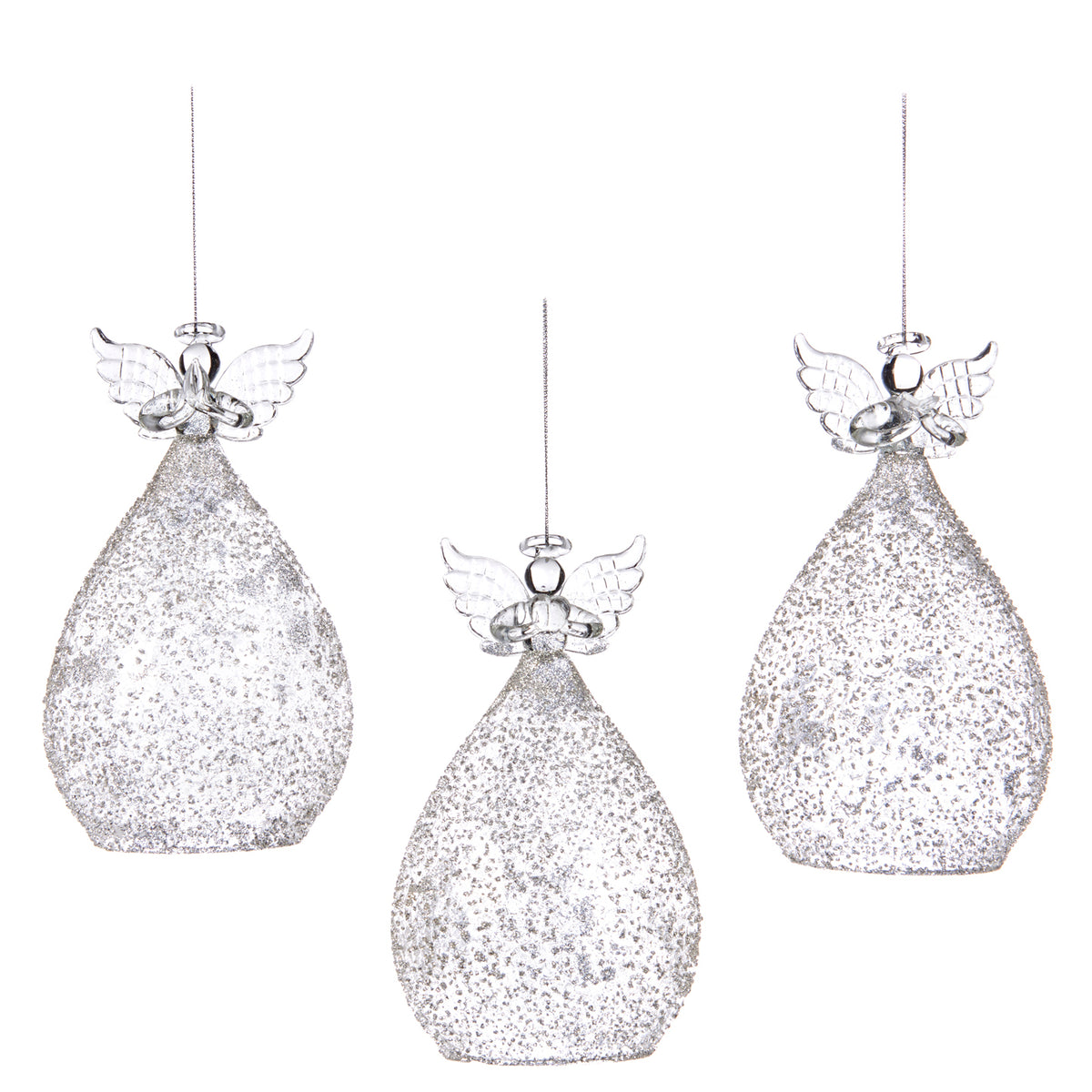 Set 3 ornamente îngeri din sticlă cu efect crush, argintiu, 17 cm