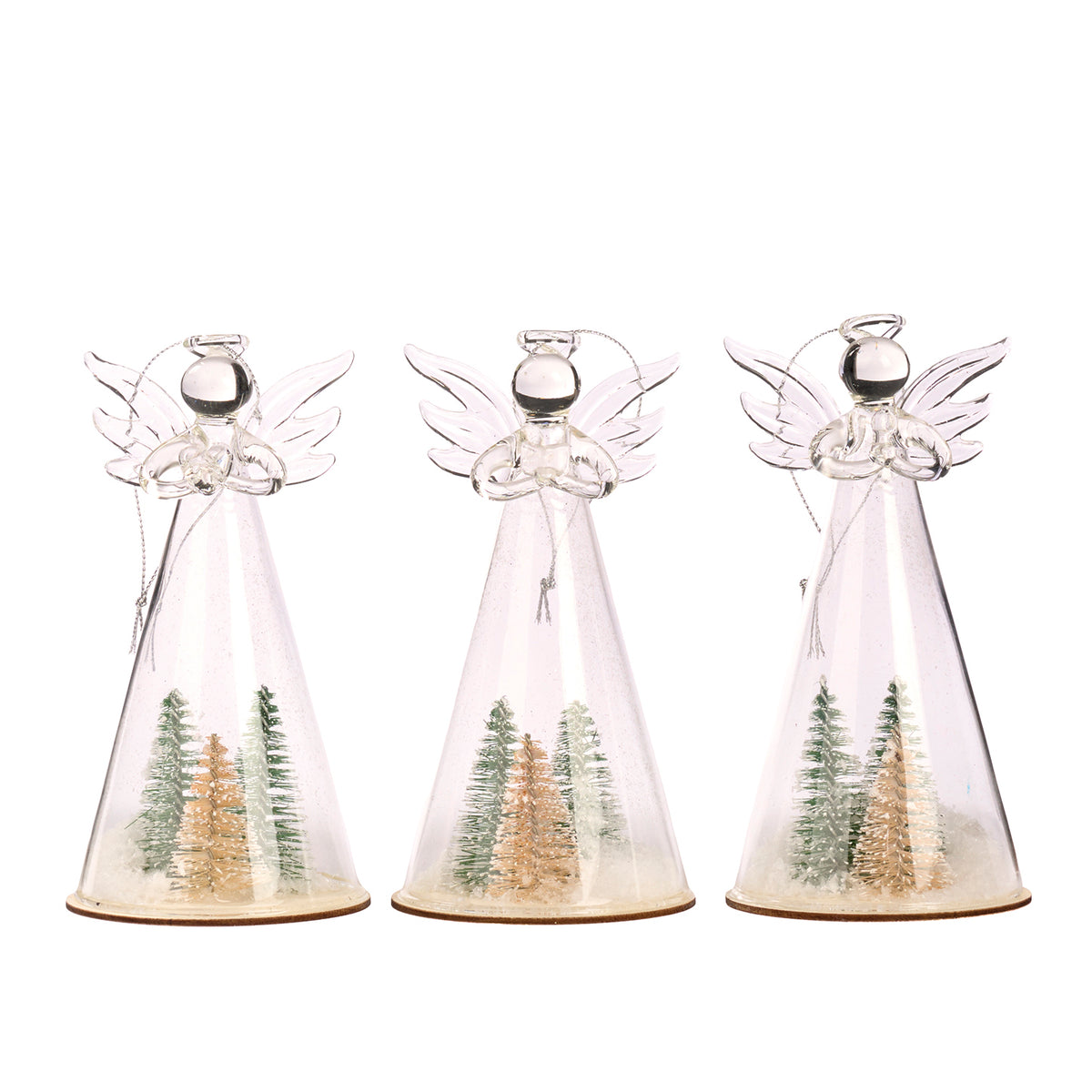 Set 3 ornamente îngeri din sticlă cu scenă cu brad, transparent/verde, 14 cm