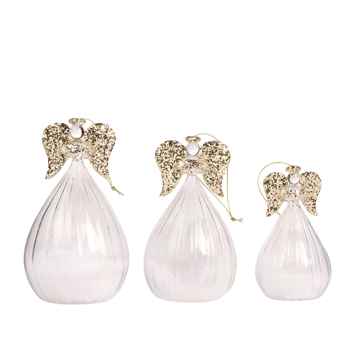 Set 3 ornamente îngeri din sticlă cu sclipici și pene, transparent/auriu, 13/15/17 cm