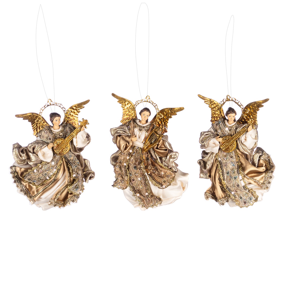 Set 3 ornamente îngeri zburători din textil, crem/auriu, 22 cm