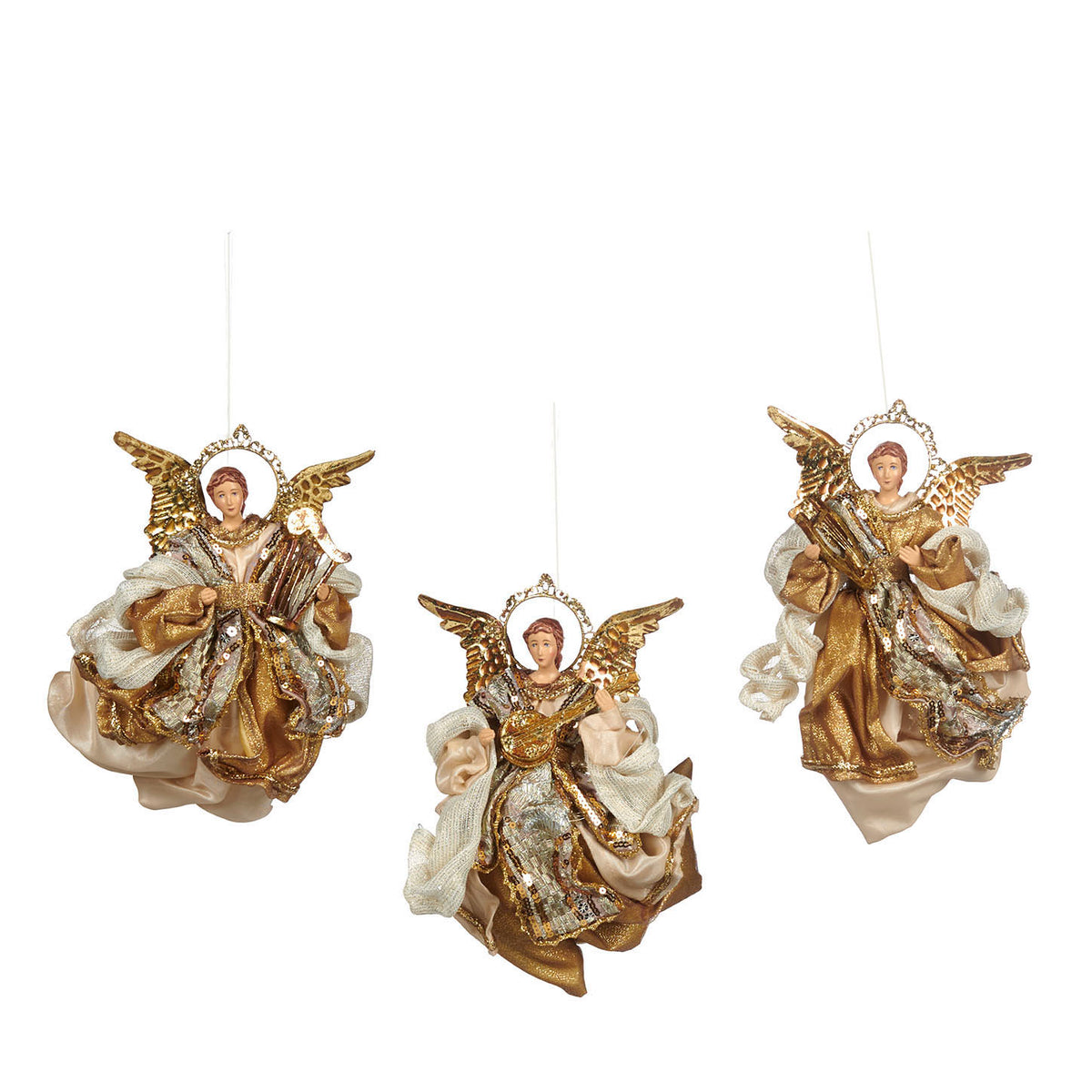 Set 3 ornamente îngeri zburători din textil, crem/șampanie, 22 cm