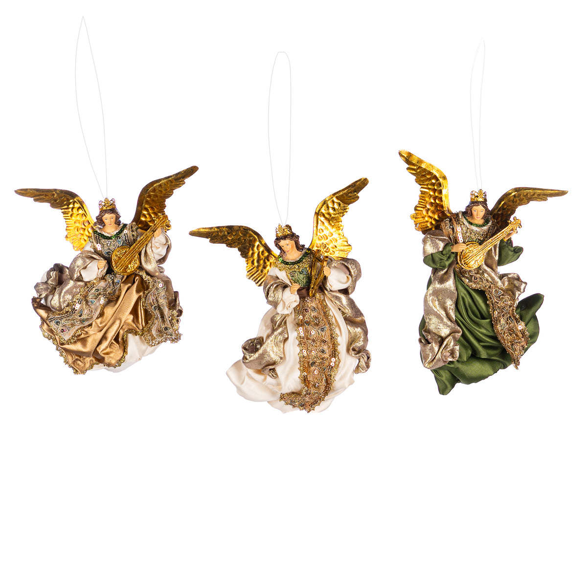 Set 3 ornamente îngeri zburători din textil, verde/crem/șampanie, 24 cm