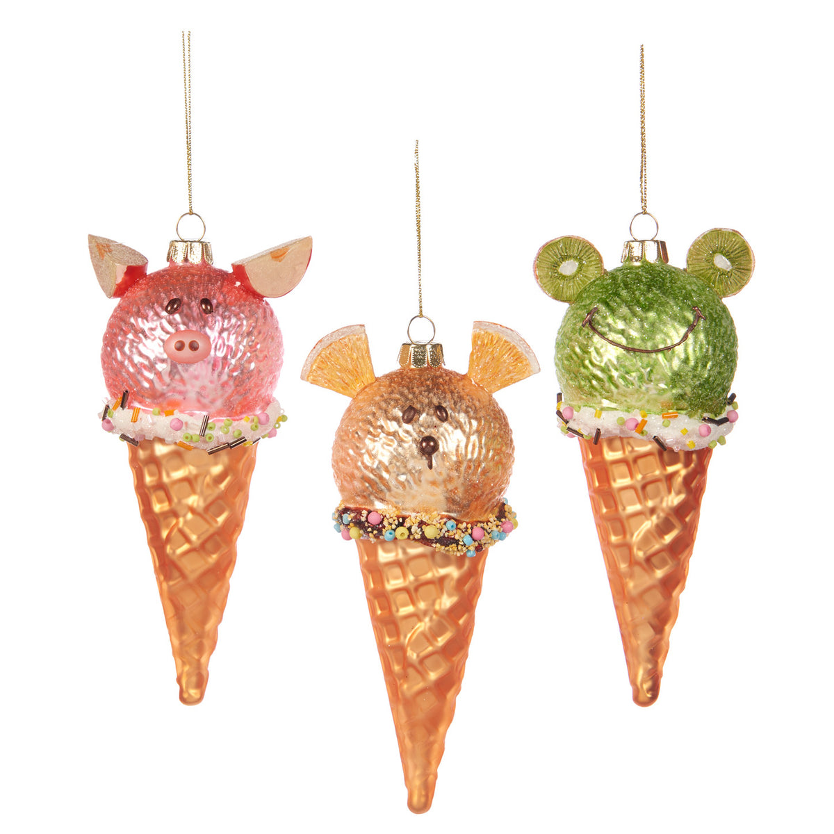 Set 3 ornamente înghețată cu animăluțe, din sticlă, roz/auriu, 14 cm