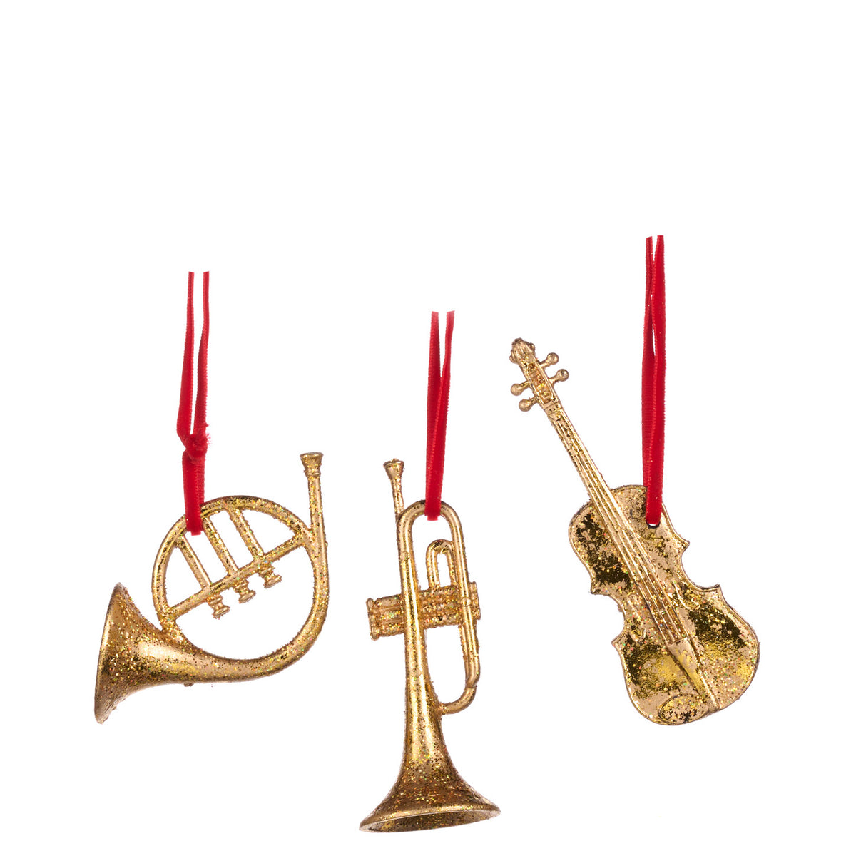 Set 3 ornamente instrumente muzicale, auriu/roșu, 10 cm