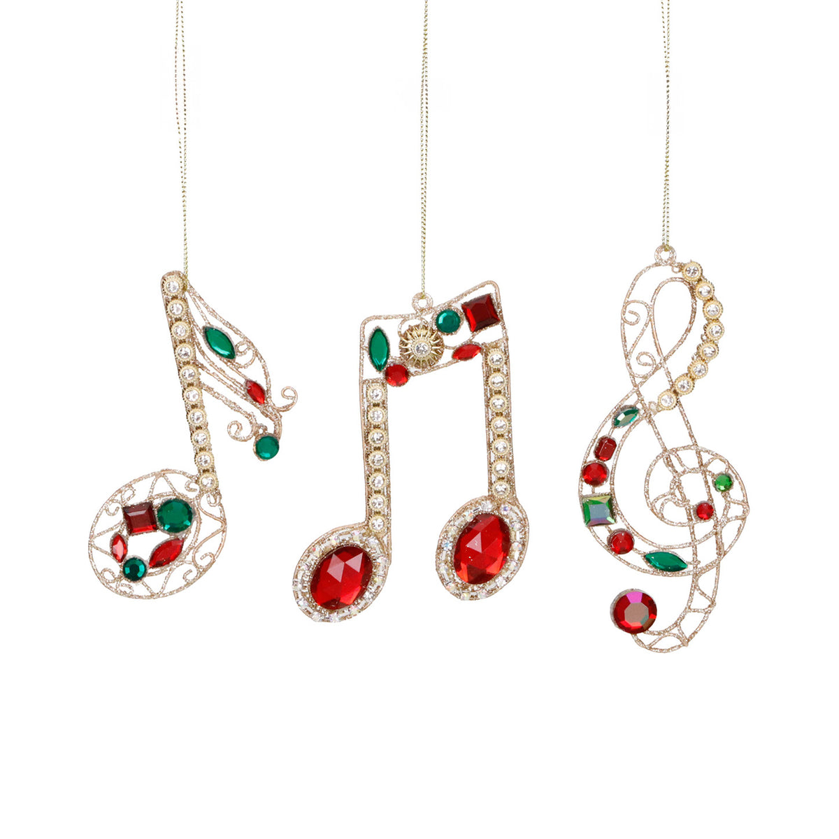 Set 3 ornamente note muzicale din sârmă metalică și pietre, auriu/roșu, 14 cm