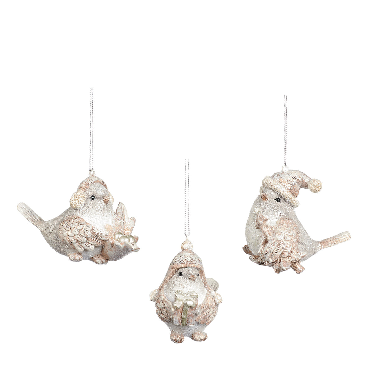 Set 3 ornamente păsărele de Crăciun, crem, 7,5 cm