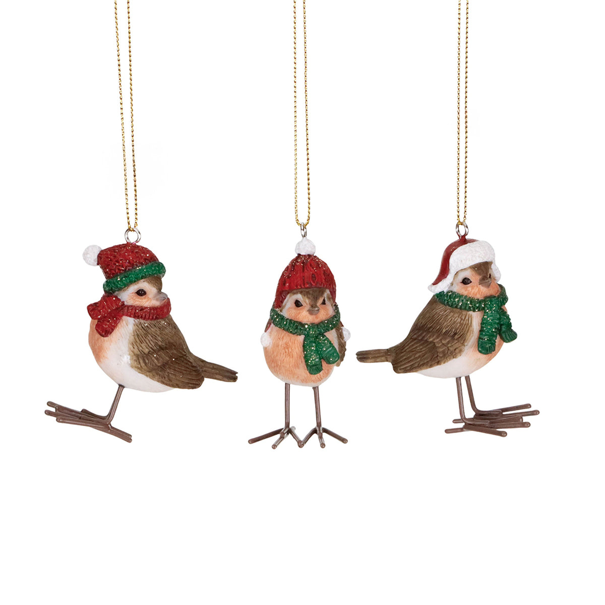 Set 3 ornamente păsări de Crăciun cu pălărie, maro/roșu/verde, 6,5 cm