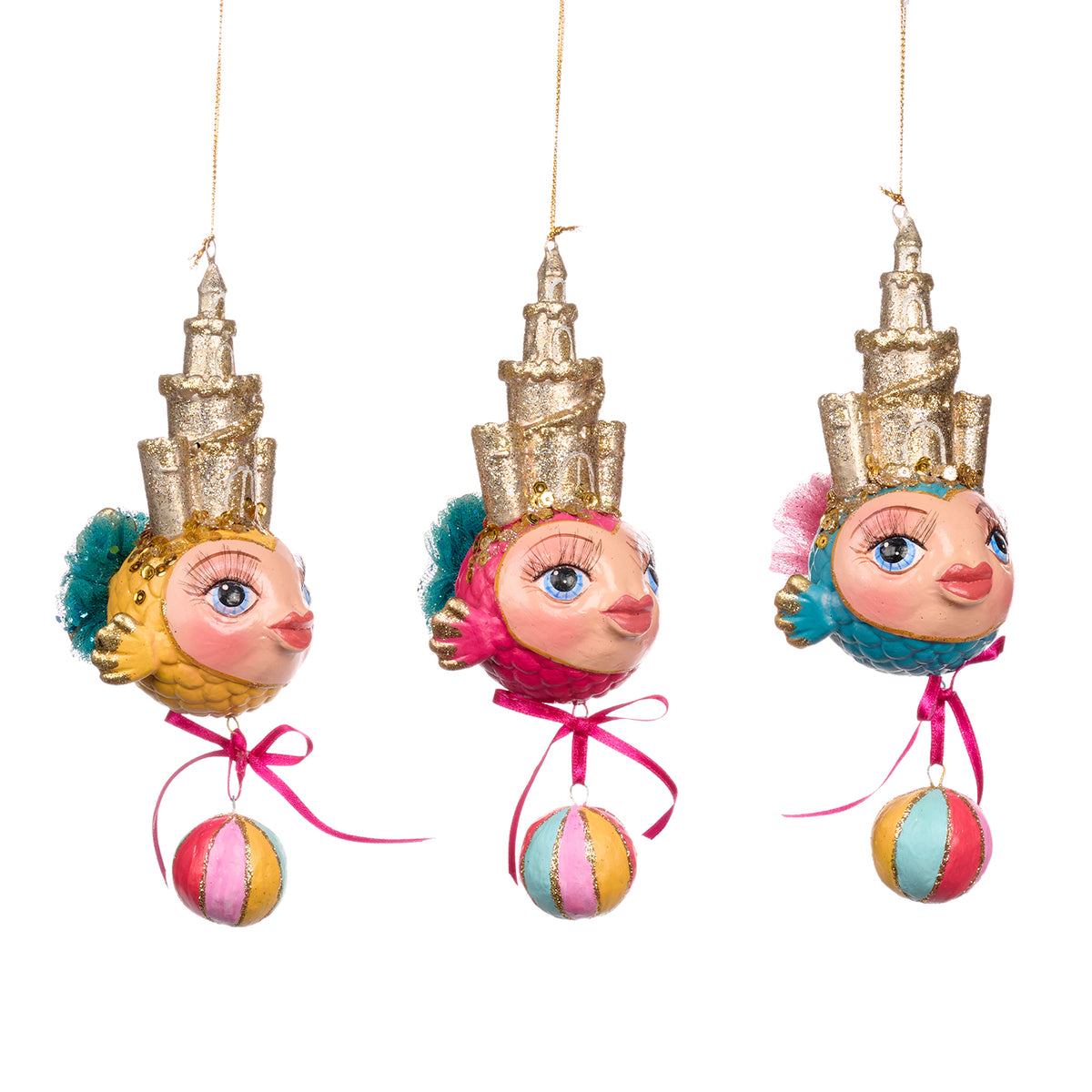 Set 3 ornamente pești-balon cu castel de nisip, multicolor, 18 cm