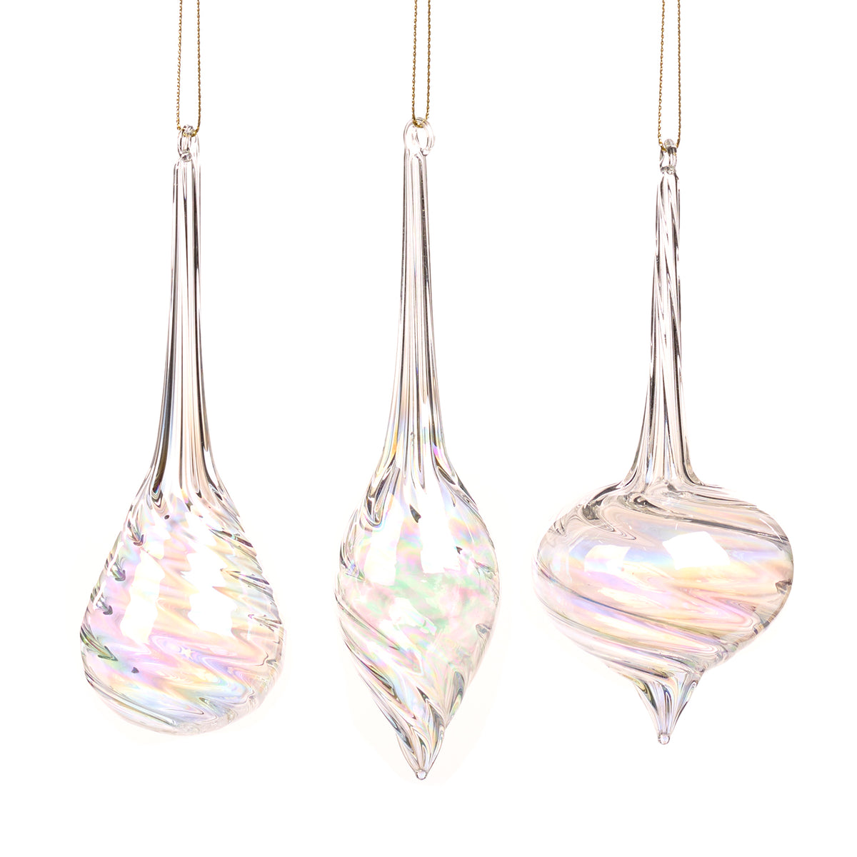 Set 3 ornamente picătură din sticlă irizată cu model spiralat, transparent/multicolor, 15 cm