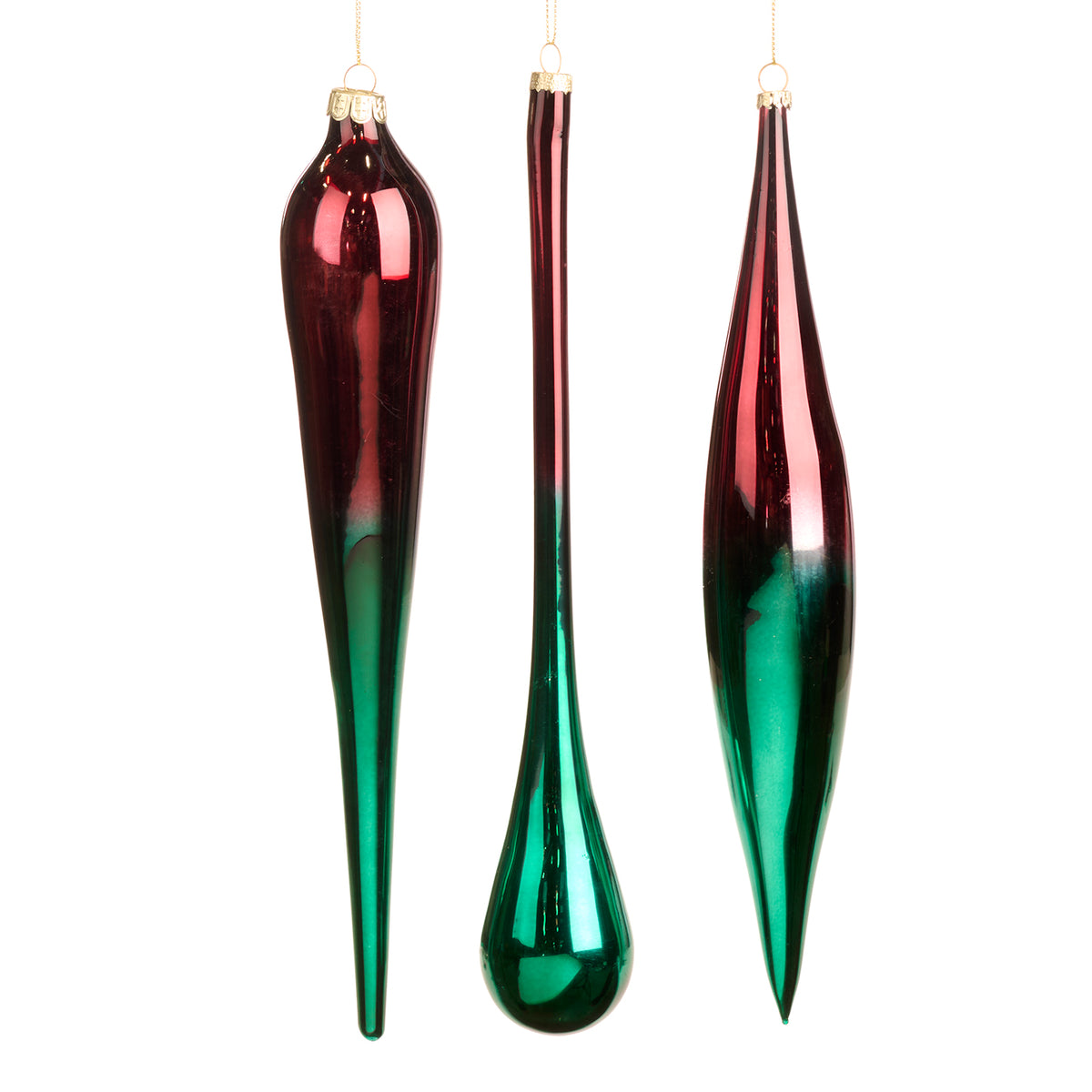 Set 3 ornamente picătură și țurțure din sticlă cu degrade, roșu/verde, 30 cm