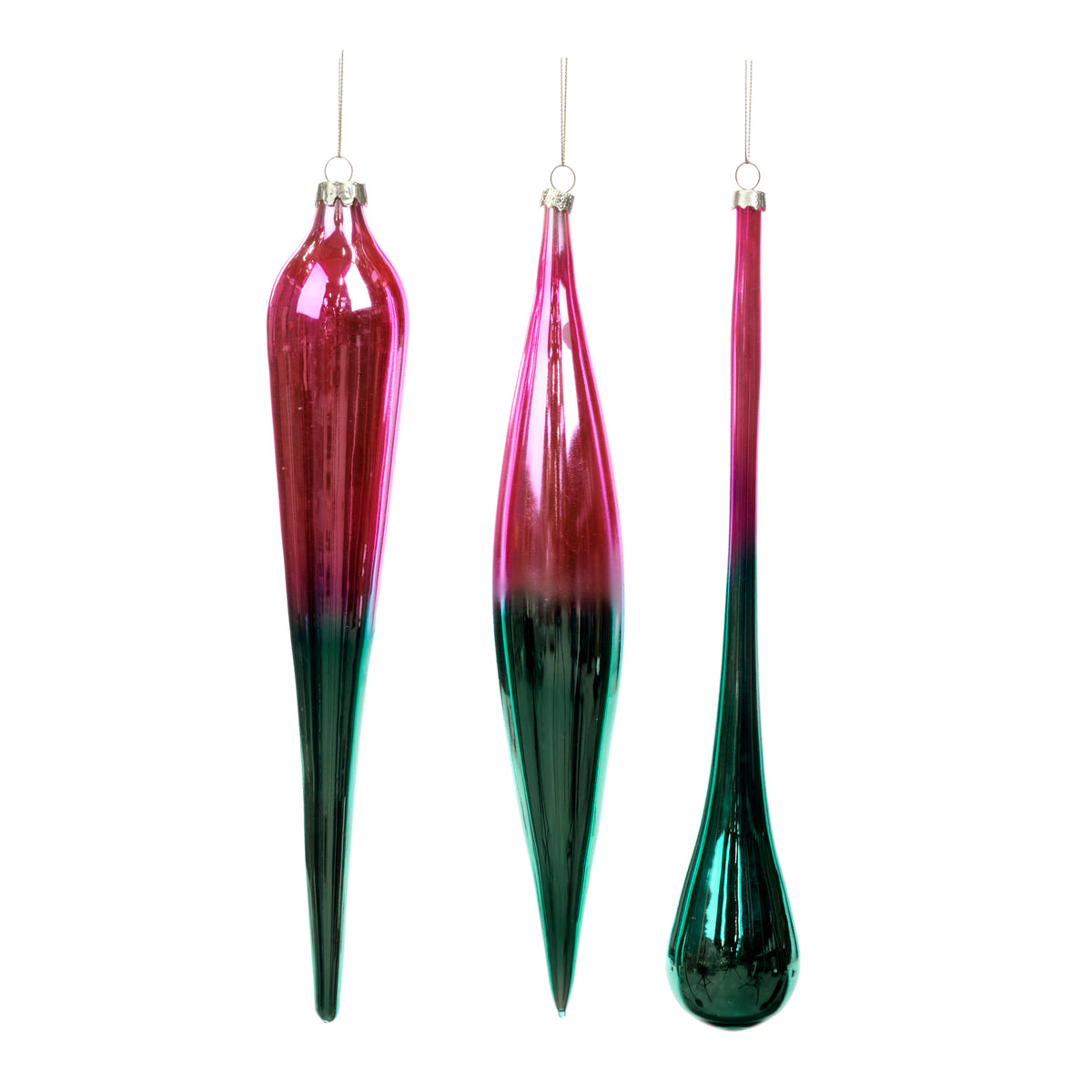 Set 3 ornamente picături și turțuri din sticlă, cu degrade, roz/verde, 30 cm