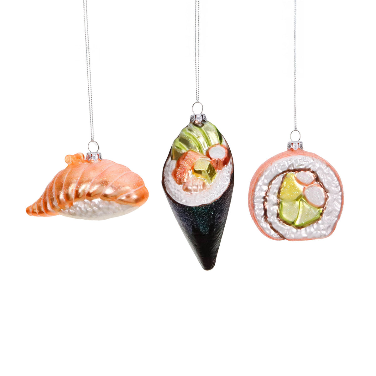 Set 3 ornamente sushi din sticlă, alb/roz/negru, 12 cm