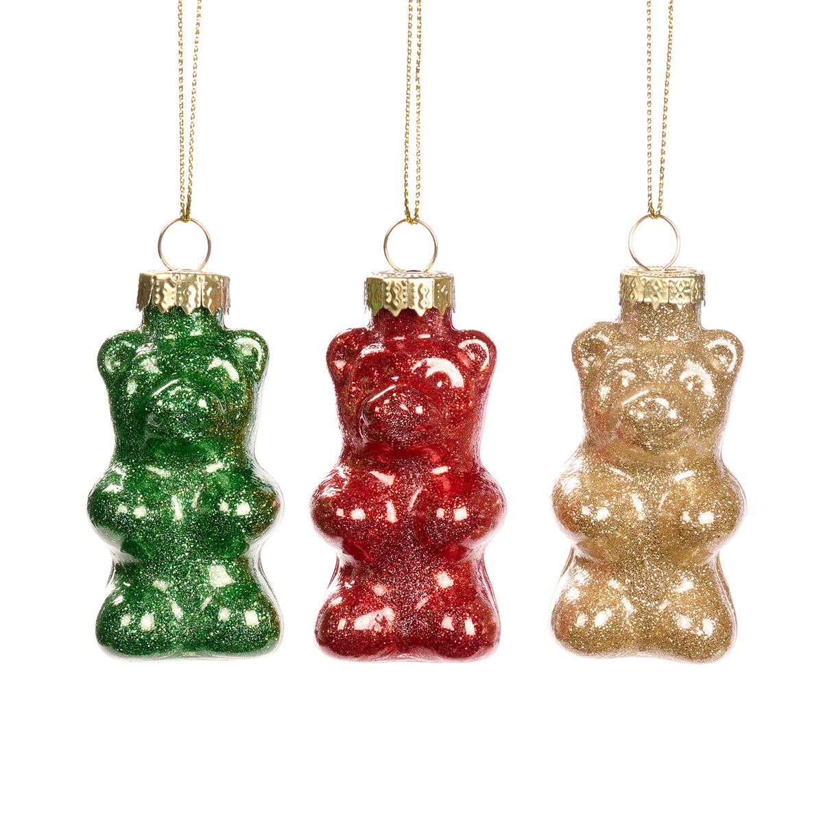 Set 3 ornamente ursuleți gumați din sticlă cu sclipici, roșu/verde/auriu, 7 cm