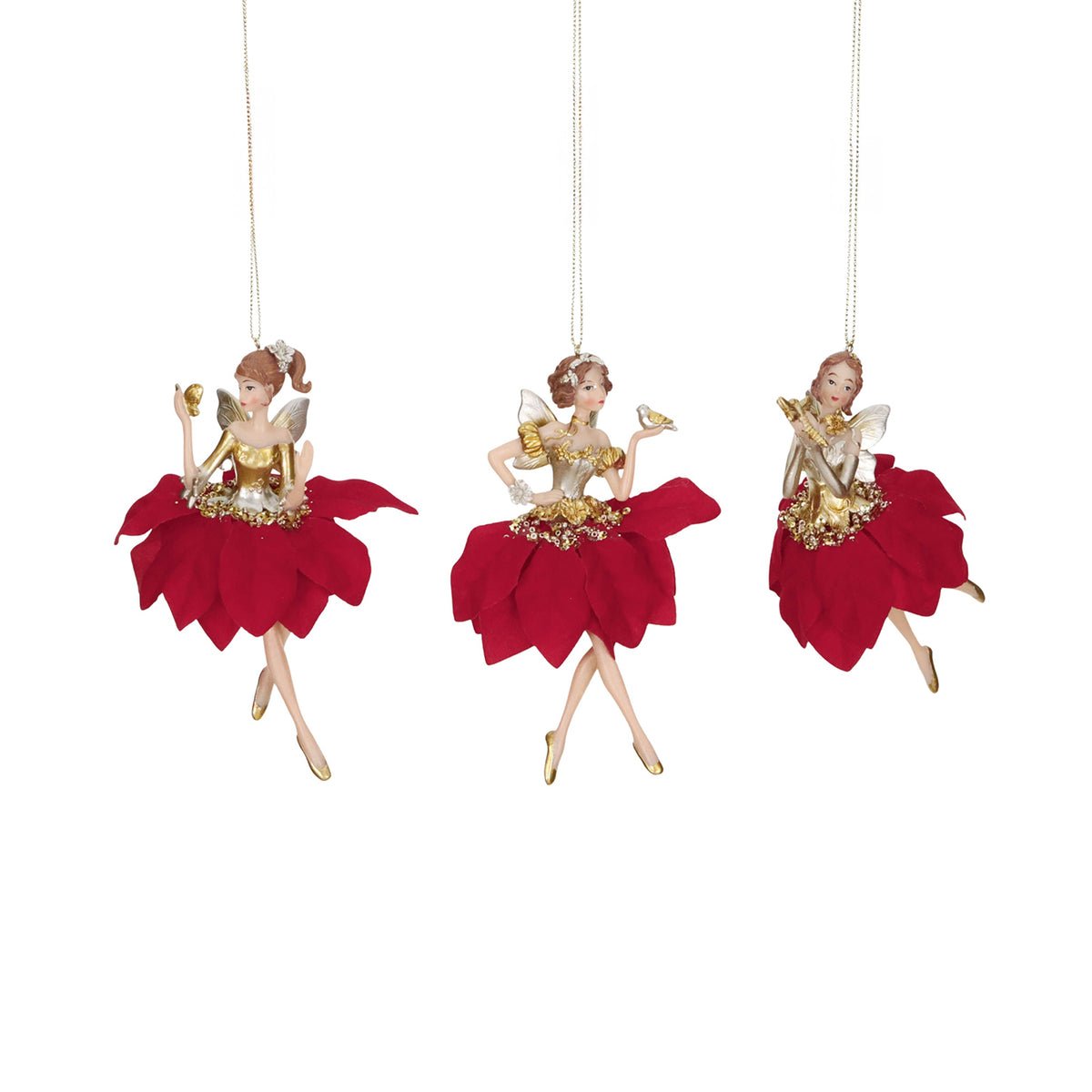 Set 3 ornamente zâne cu floare de crăciuniță, roșu, 16,5 cm