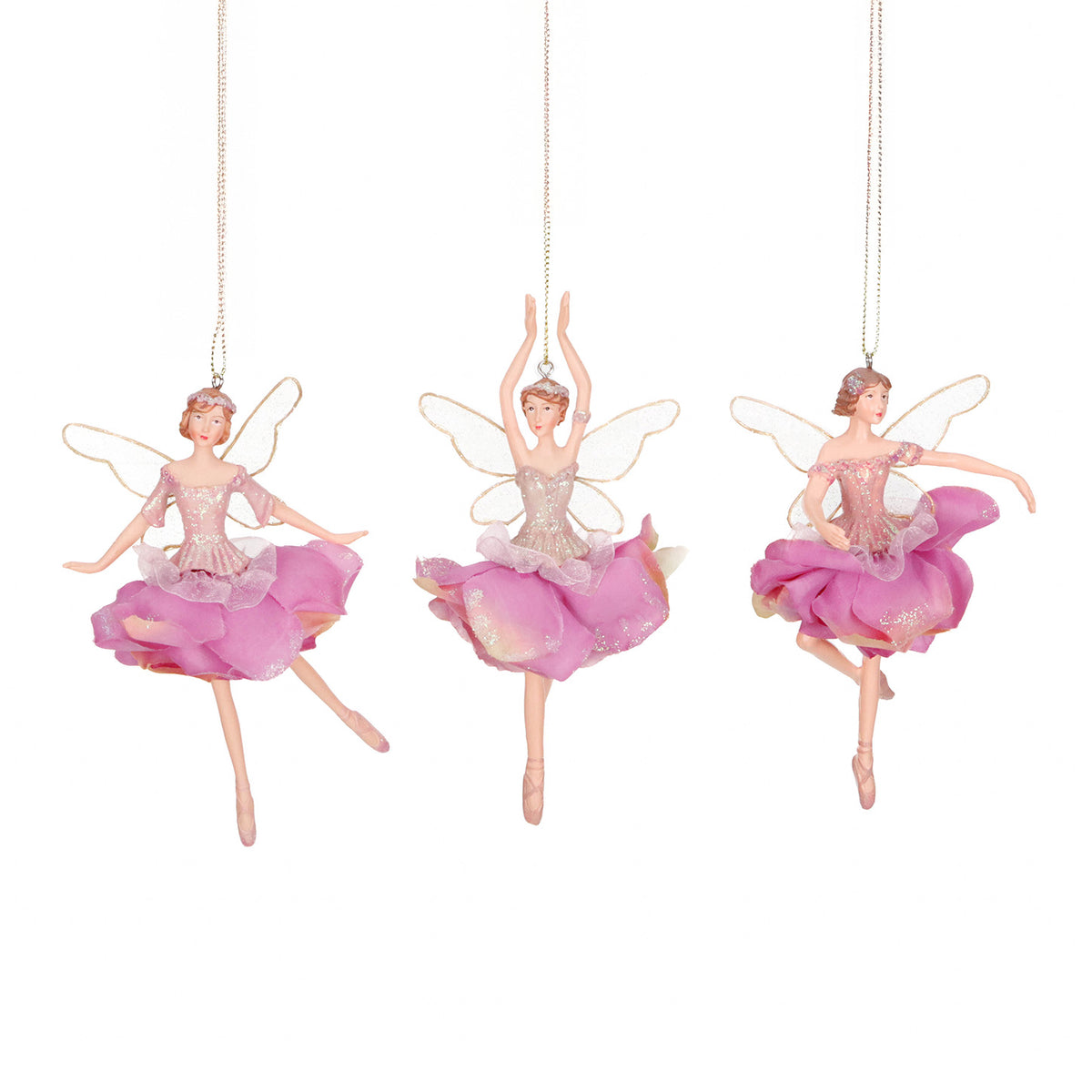 Set 3 ornamente zâne-floare din textil, roz/șampanie, 17 cm