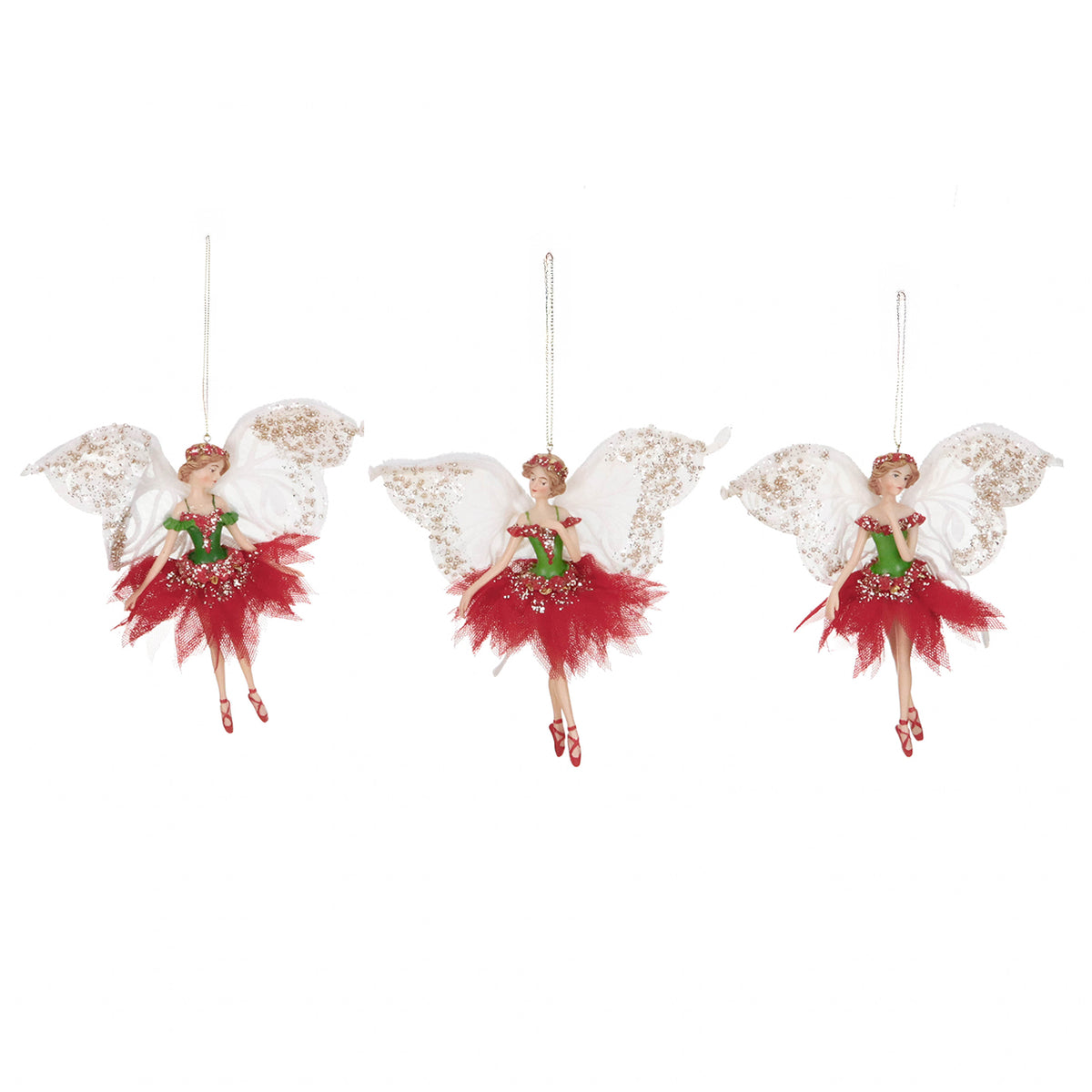 Set 3 ornamente zâne fluture, roșu/verde/crem, 15 cm