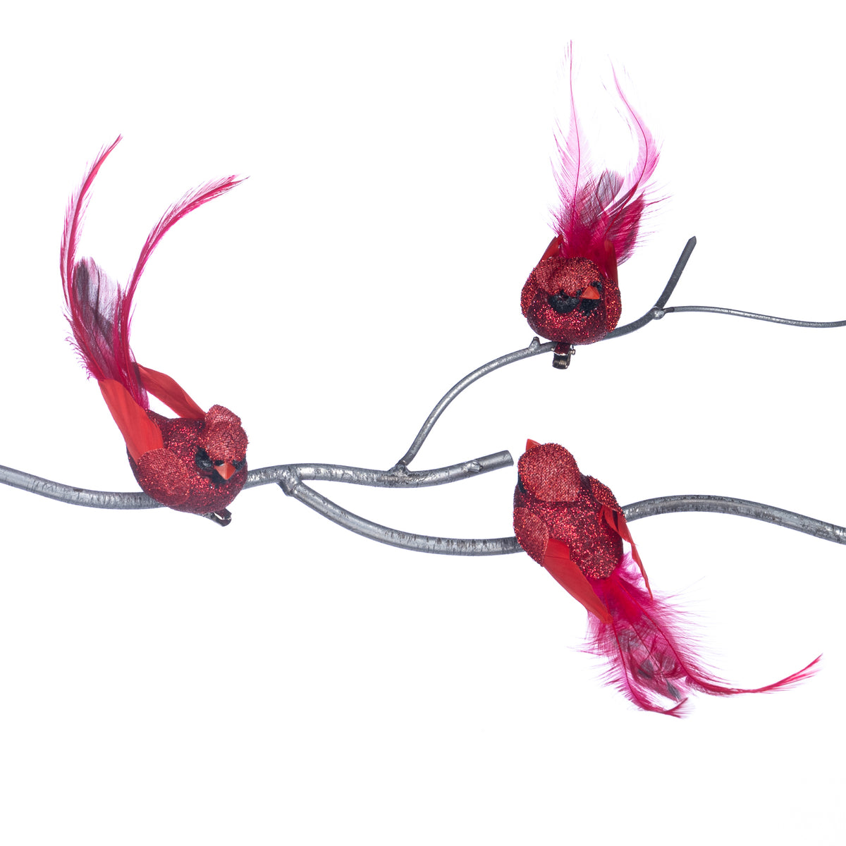 Set 3 păsări cu pene și sclipici, pe clemă, roșu/burgund, 14 cm
