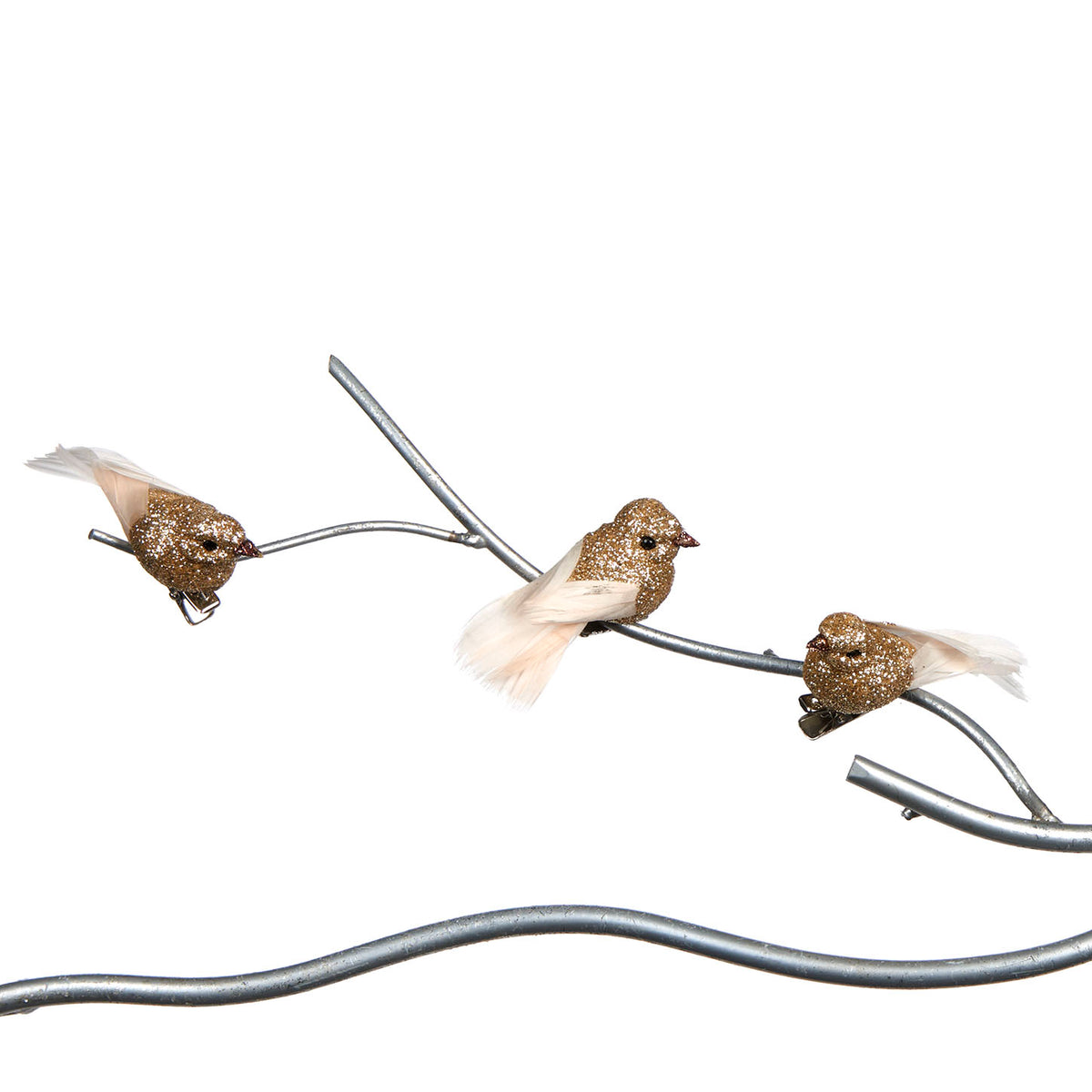 Set 3 păsări cu sclipici, pe clemă, auriu/crem, 6 cm