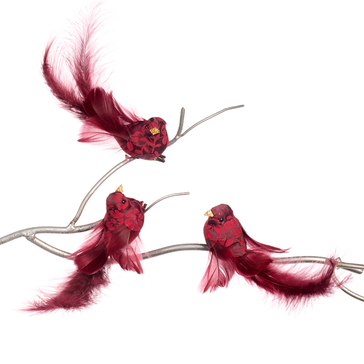 Set 3 păsări din pene și textil cu model floral, pe clemă, burgund, 14 cm