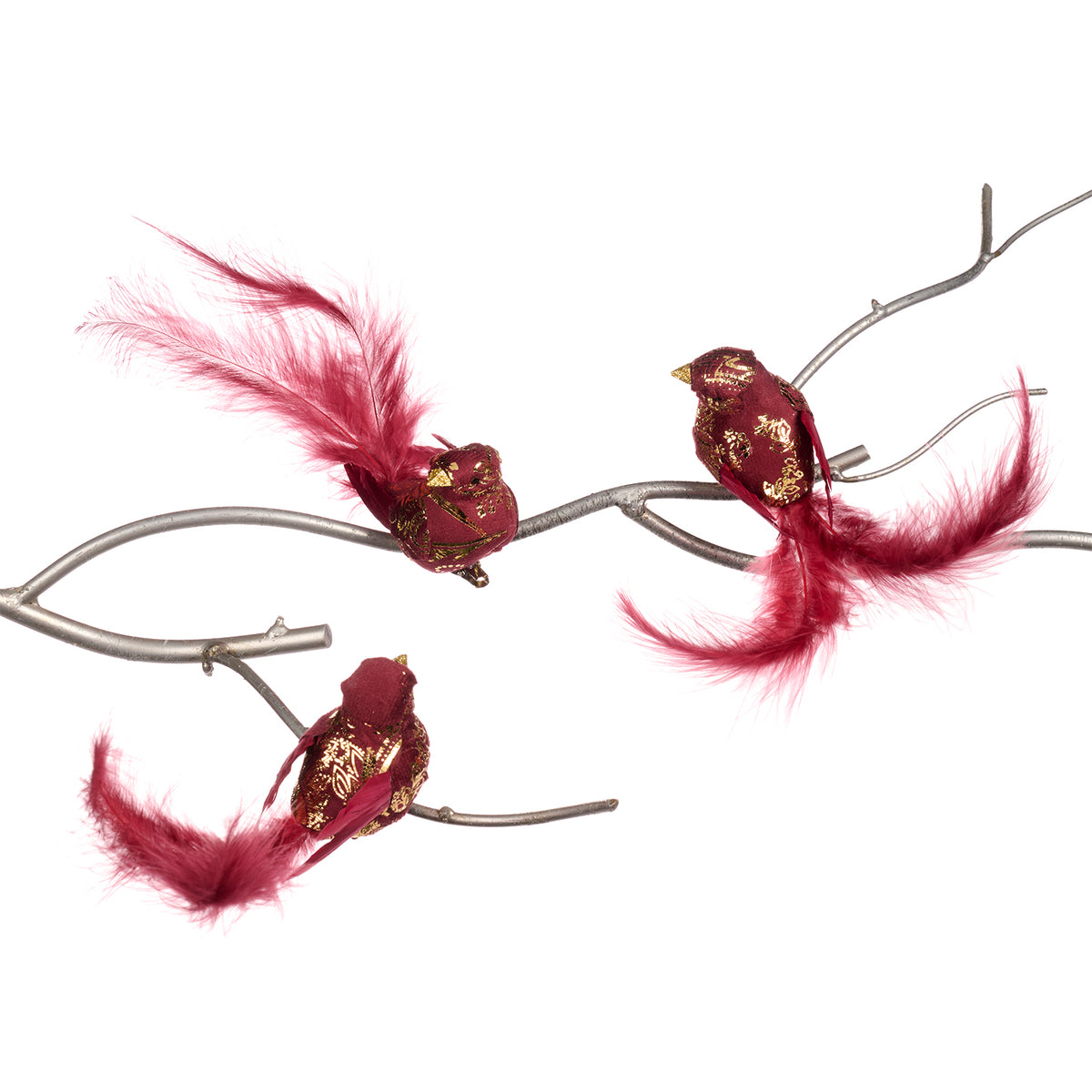 Set 3 păsări din pene și textil cu model în spirală, pe clemă, burgund/auriu, 17 cm