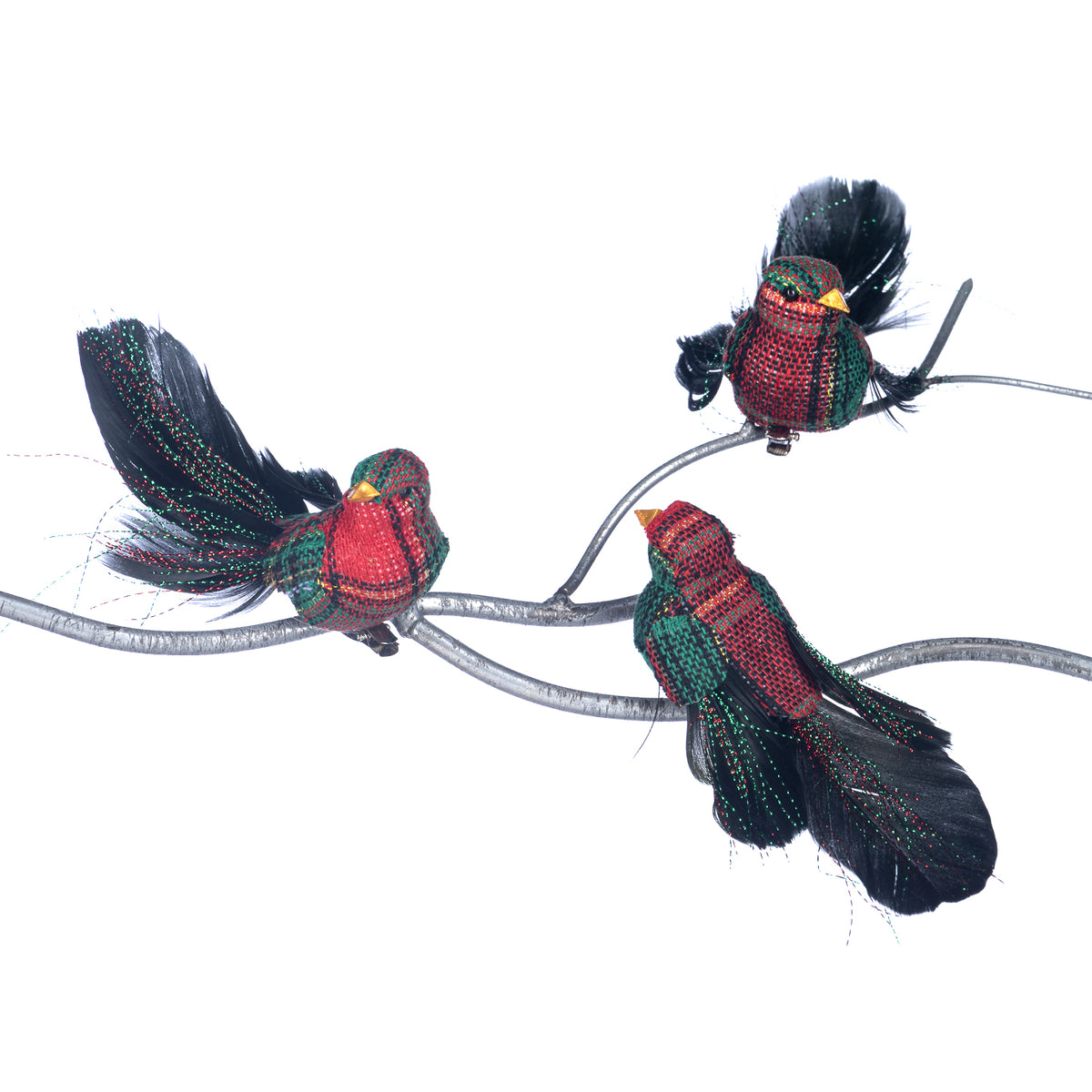 Set 3 păsări din pene și textil cu model tartan, pe clemă, roșu/verde, 14 cm