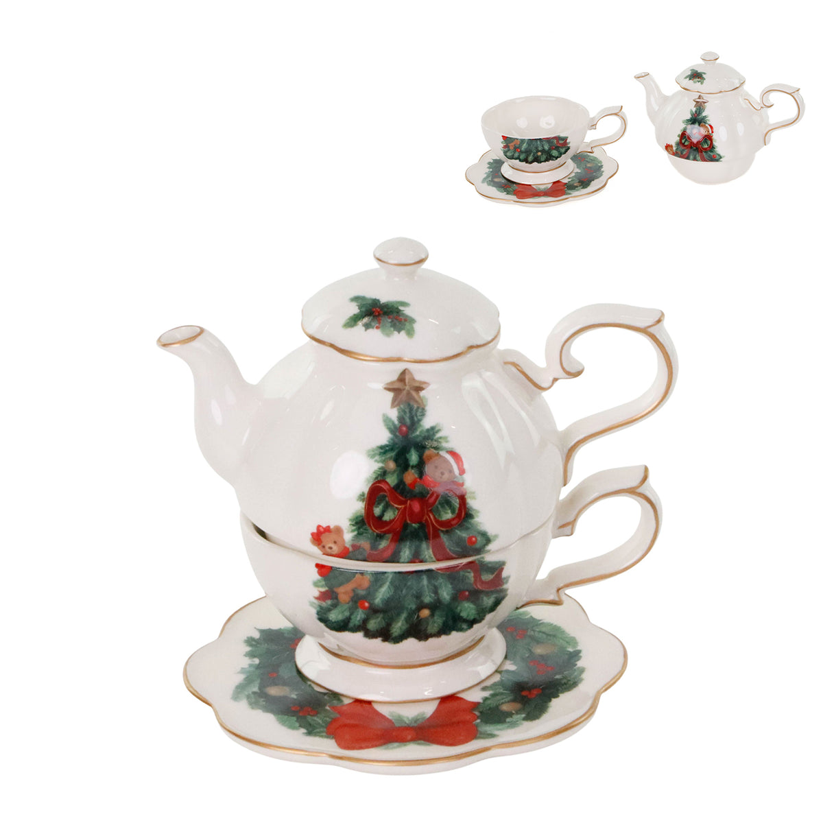 Set 3 piese de Crăciun din porțelan: ceașcă, ceainic și farfurioară, alb, 17 cm