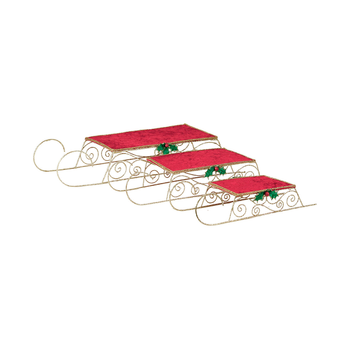 Set 3 sănii decorative din textil și metal, roșu/auriu/verde, 56 cm