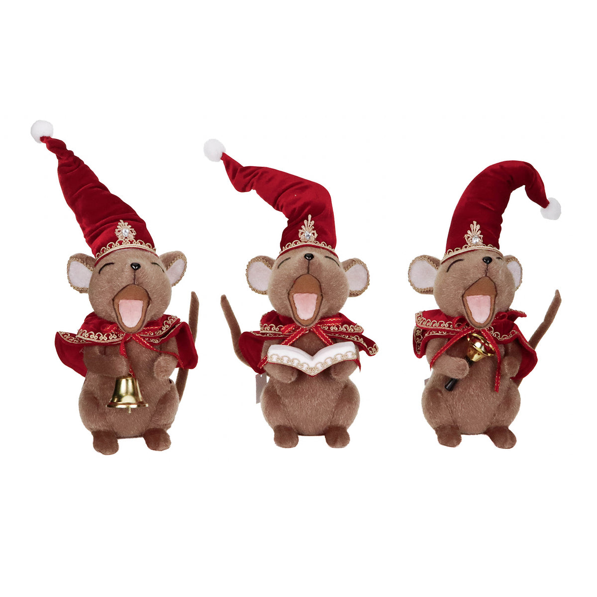 Set 3 șoricei colindători din textil, maro/roșu, 33 cm