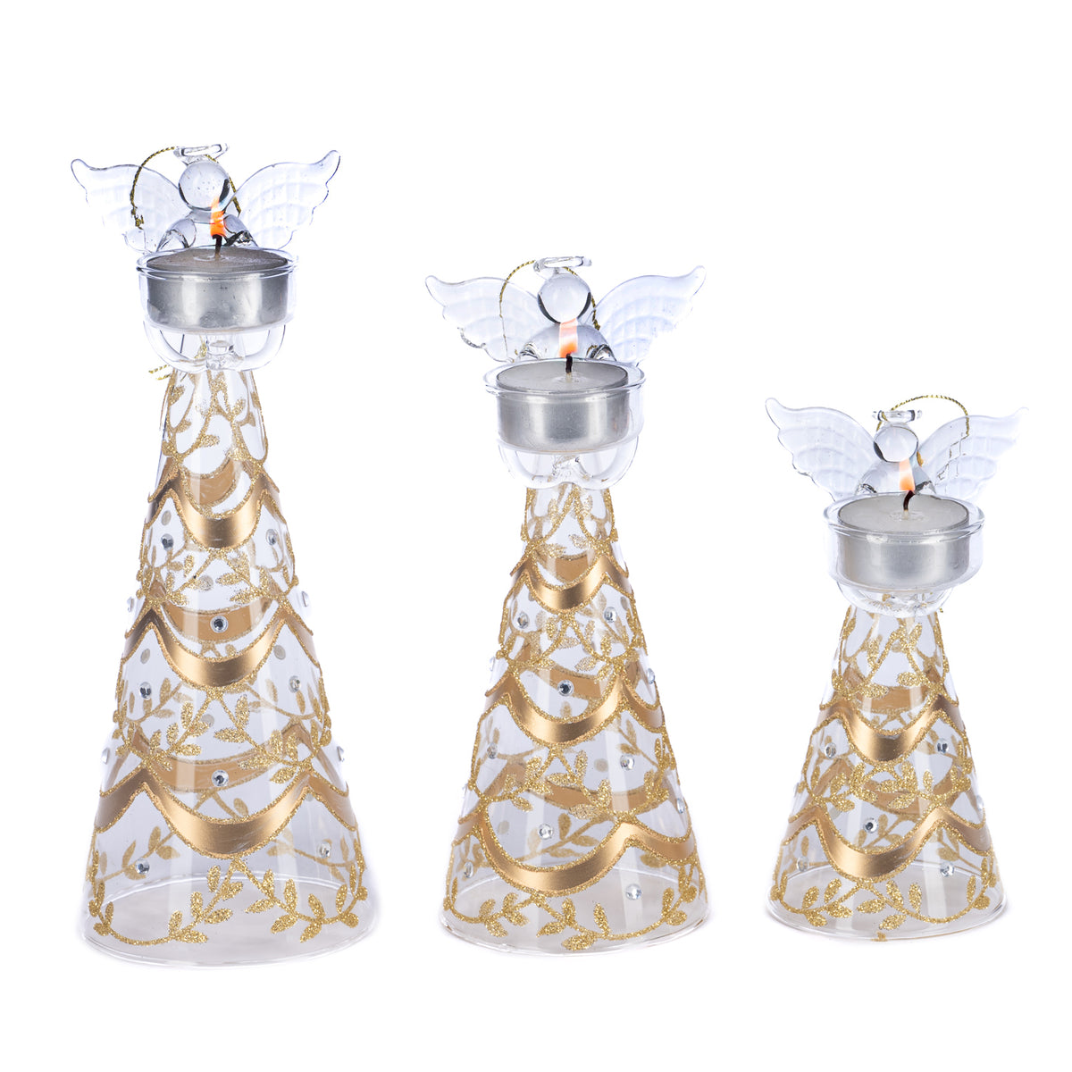 Set 3 suporturi pentru lumânare votivă din sticlă cu înger și model drapat, auriu, 15/20/25 cm