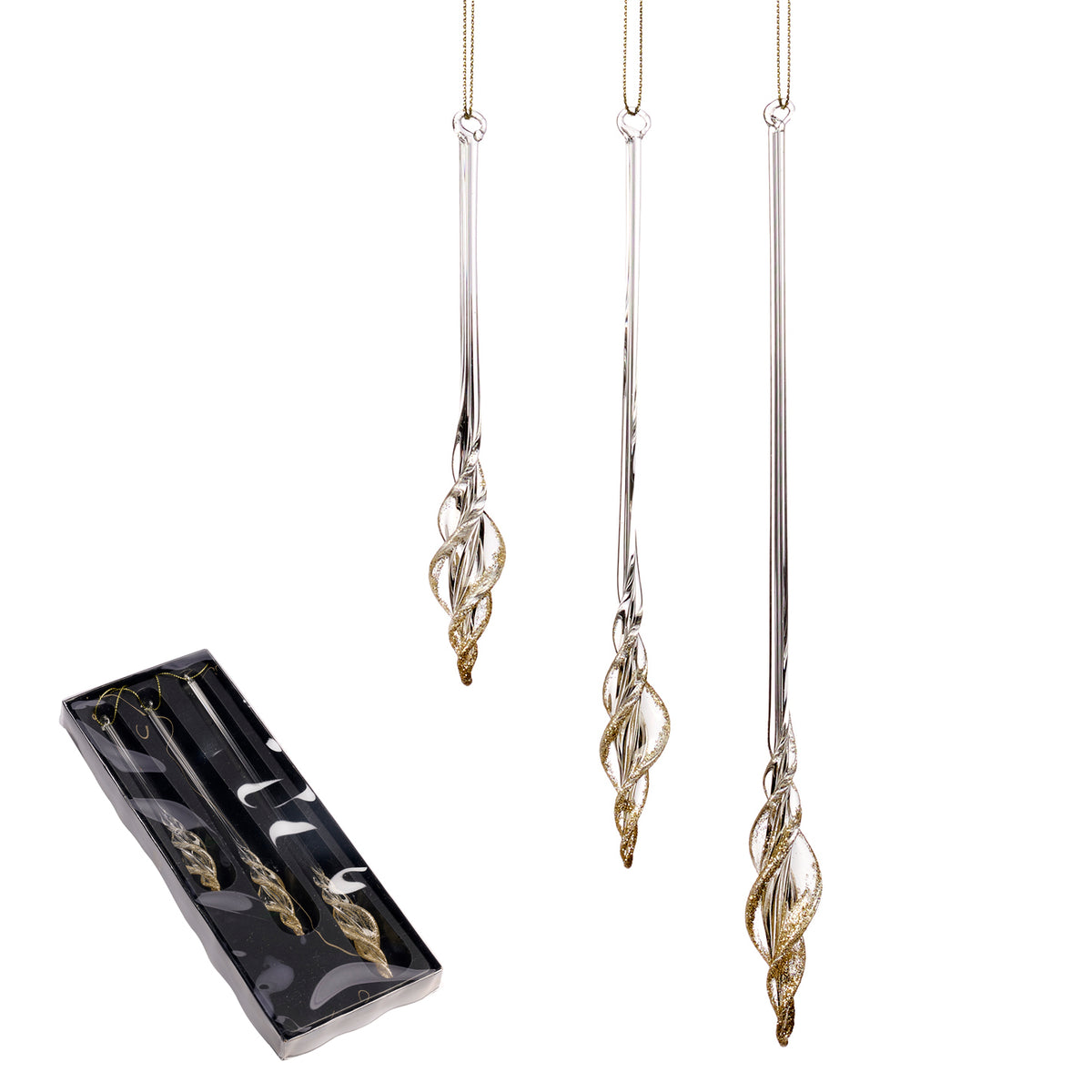 Set 3 turturi din sticlă răsucită în formă de picătură, auriu, 15/20/25 cm