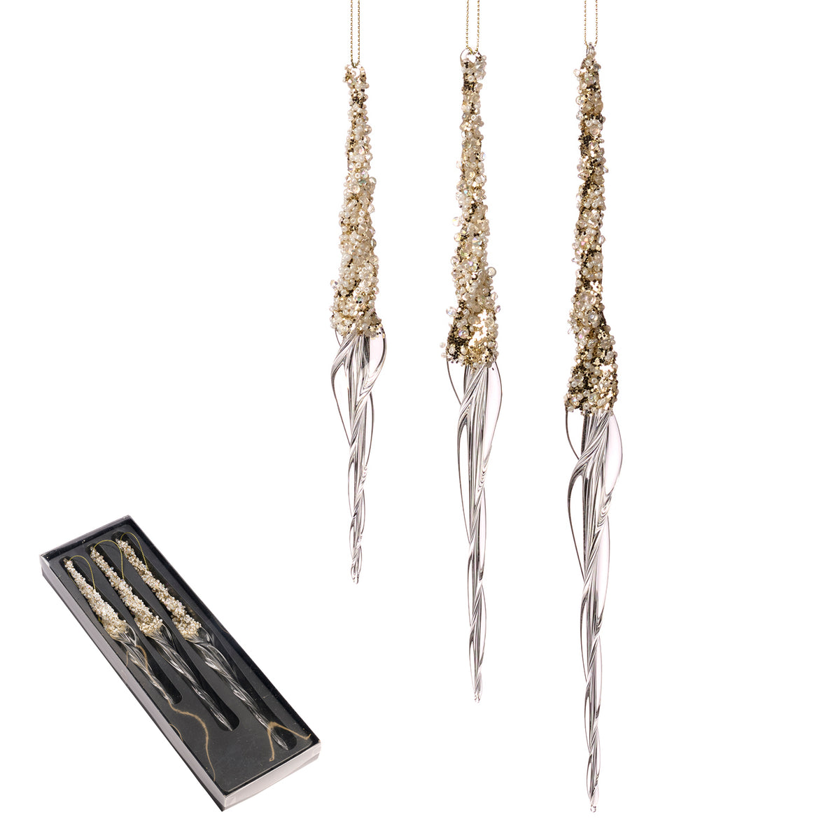 Set 3 turțuri răsucite din sticlă cu mărgele, șampanie, 20/25/30 cm