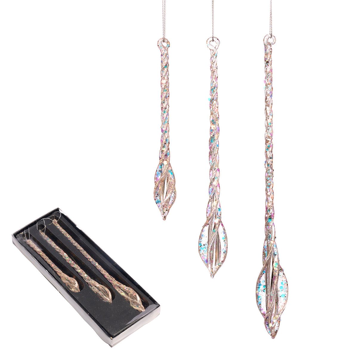 Set 3 turțuri răsucite din sticlă irizată, multicolor, 15/20/25 cm