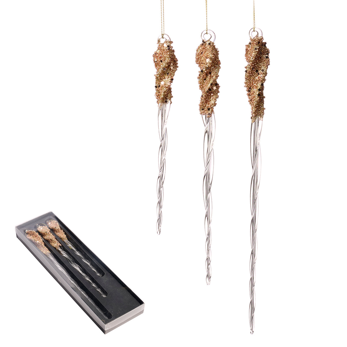 Set 3 turțuri răsuciți din sticlă cu mărgele, auriu, 20/25/30 cm